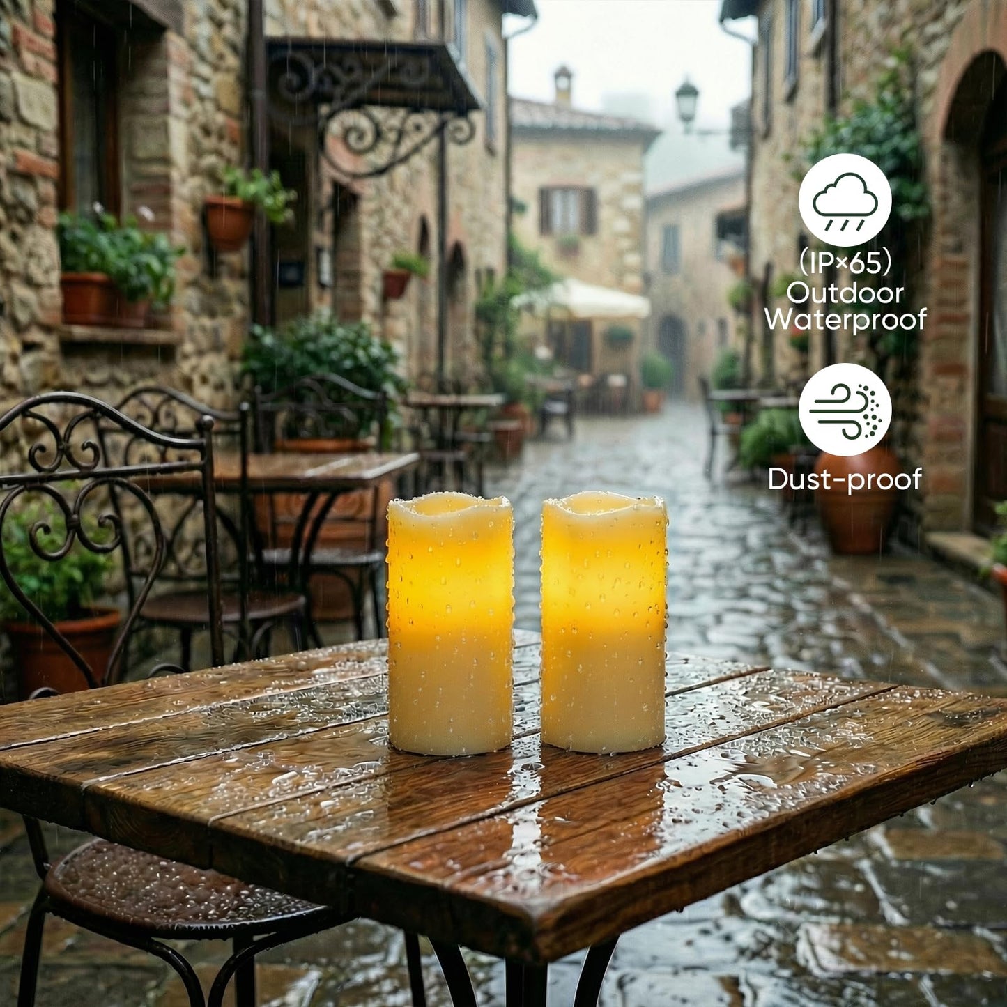 Amagic 3" x 6" Waterproof Outdoor Flameless Candles, Battery Operated Candles with Remote and Timer, Flickering LED Pillar Candle for Outside Patio Garden and Indoor Home Decor, Ivory, Set of 2