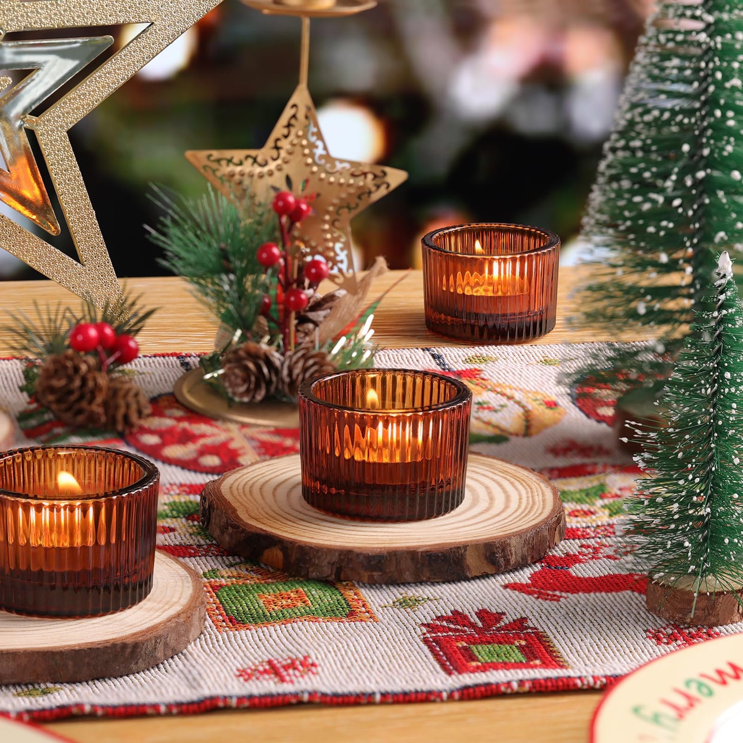 Lanttu Tealight Candle Holder Set of 12, Amber Small Votive Candle Holders for Table Centerpiece,Glass Tea Light Candles Holder for Party&Home,Wedding Decor
