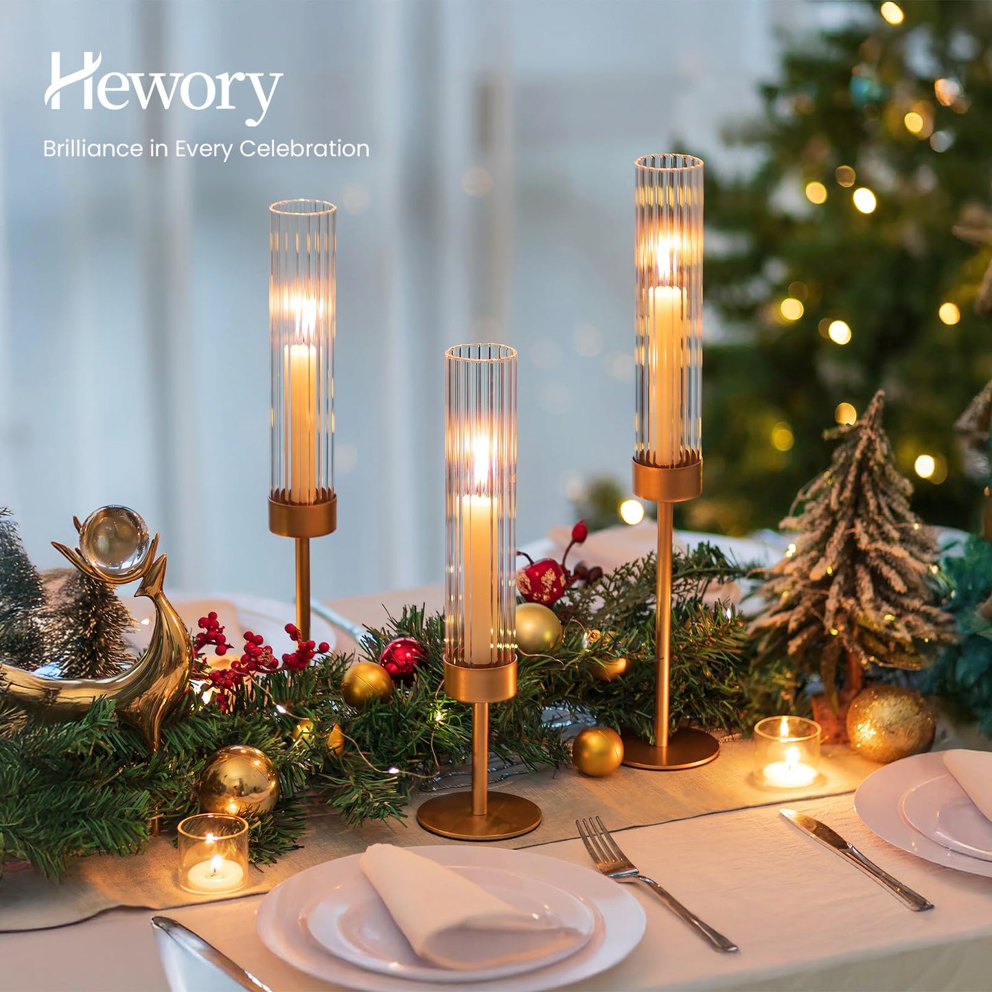 Hewory Gold Hurricane Candle Holders: Brass Candlestick Holders Set of 3 Tall Taper Candle Holders for Candlesticks Candle Sticks Holder Decor for Table Centerpiece Wedding Party Christmas Decorations