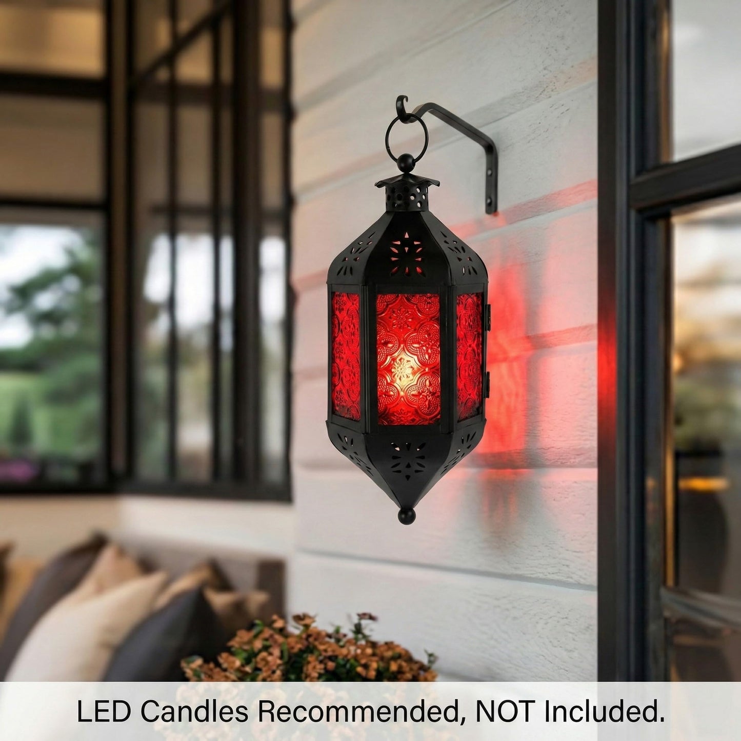 Vela Lanterns Hanging Moroccan Lamp - Exotic Decorative Patio & Porch Decor, Indoor Outdoor Tea Light Candle Lantern Holder with Chain (11" Medium, Red Glass, 2-Pack)