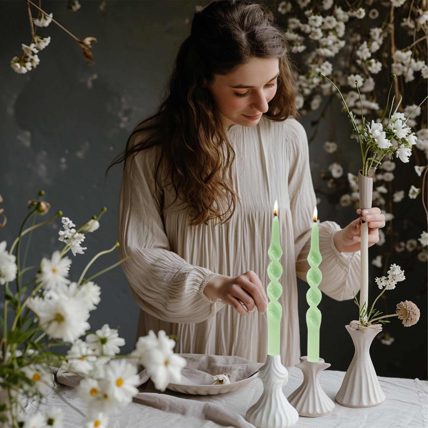 MAITREYA Green Taper Candles Conical Stick Candles Spiral Taper Candles-Set of 4 for Decoration Weddings Party Church-Unscented Dripless Candles,10inch(C-Light Green)