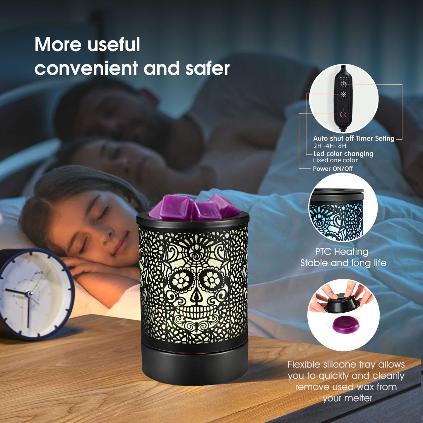 Enaroma Fragrance Wax Melts Warmer with 7 Colors LED Changing Light Scent Oil Candle Warmer for Home Office-Skull Timer