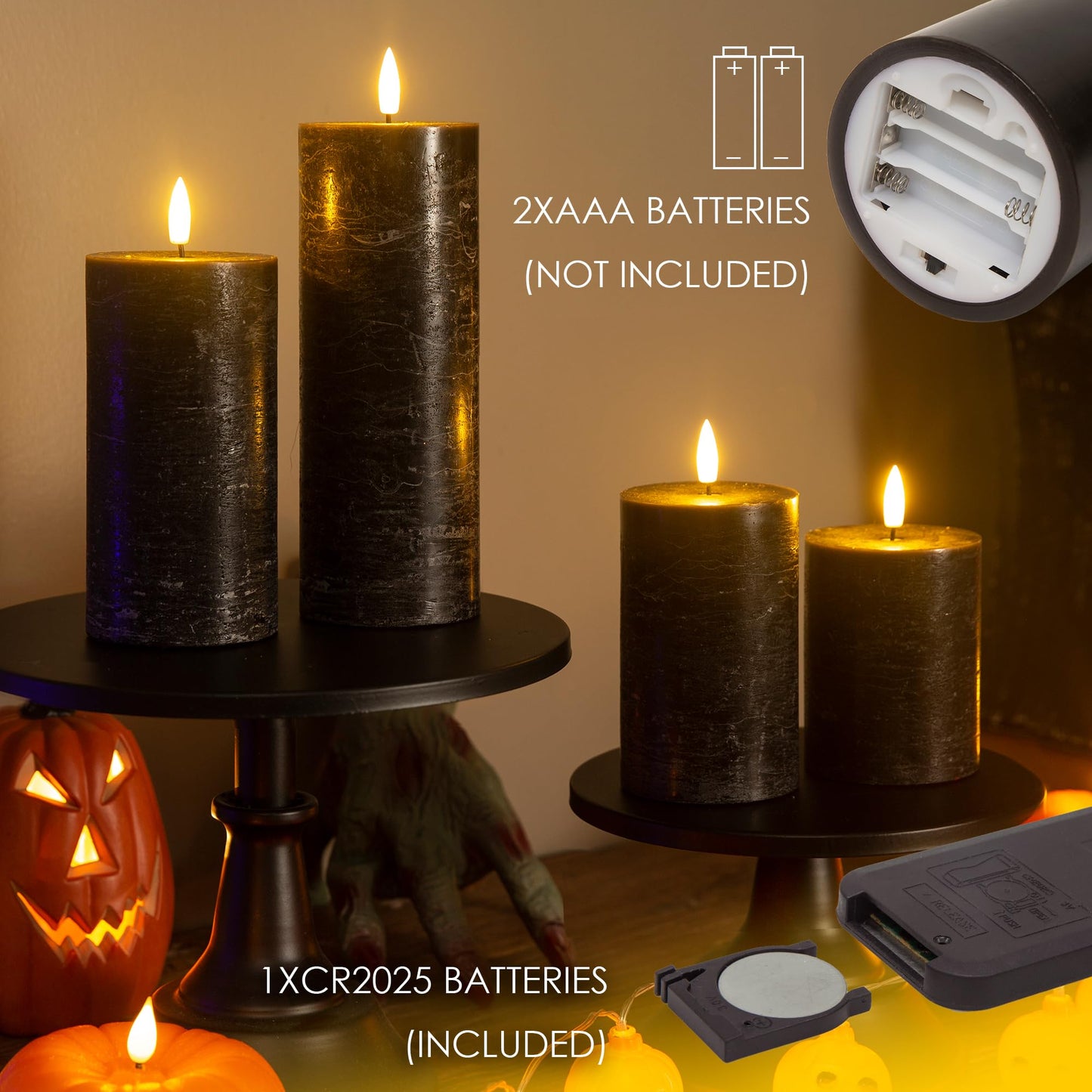 LUSHARBOR Halloween Flameless Candles, 4 Pack Battery Operated Halloween Candles with Remote, Wax LED Fake Pillar Candles Fireplace/Shelf Decor D3 H 5" 6" 7" 9" Black