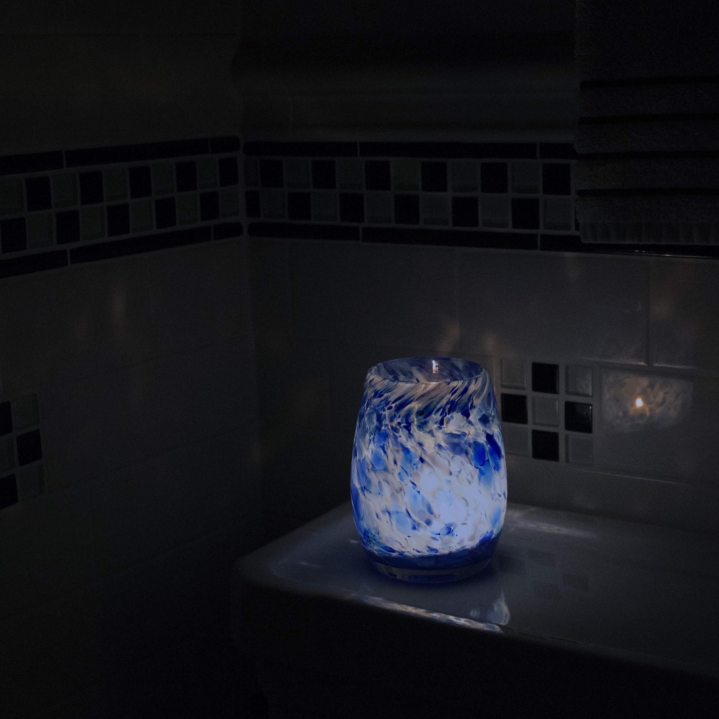 Totally Blown Glassworks Votive Candle Holder, Tea-Light, Handmade Blown Glass, Accent Vase, Centerpiece, Home Decor, Artist Dehanna Jones, Seattle, WA. (Belltown Blues)