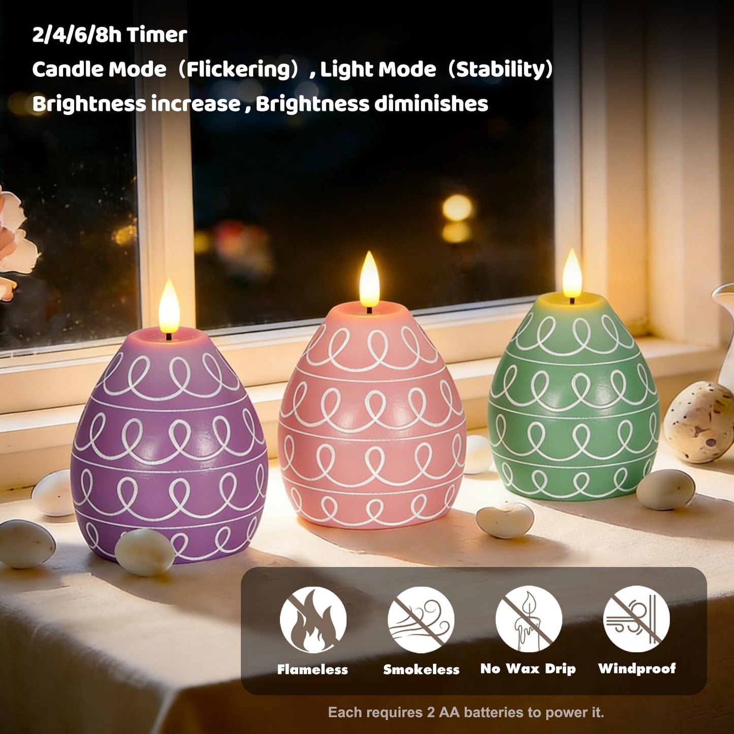 Leorate 3PCS Easter Egg Flameless Candles – 5.2" Battery Operated LED Egg Candles with White Wave Pattern, Green Purple Pink Real Wax Finish, Flickering Flame for Easter Table Centerpiece Spring Home