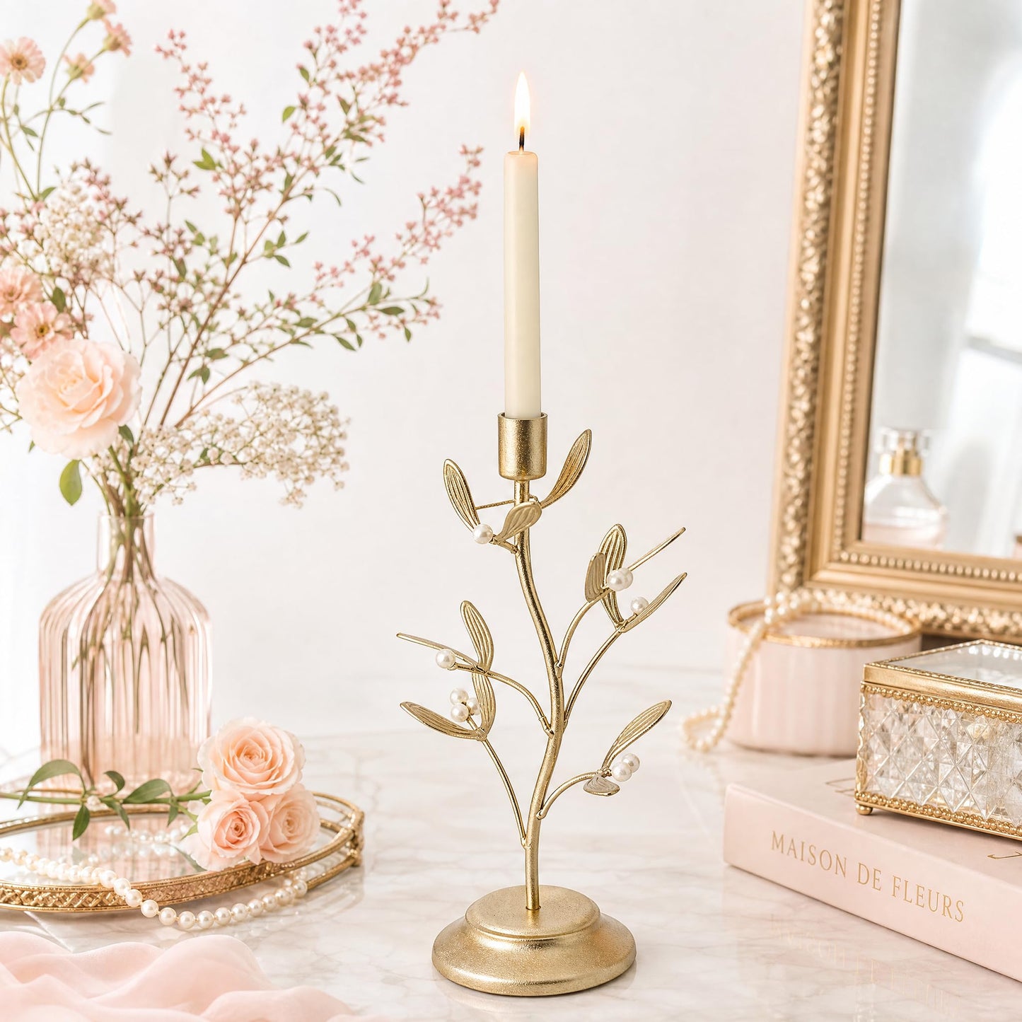 Candle Stick Holder Table Decor - Elegant Golden Metal Mistletoe Candle Holder Decorative for Coffee Gold for Living Room Symbol of Love and Life Flower Gifts 4.6 x 4.6 x 10 Inch Guichifun