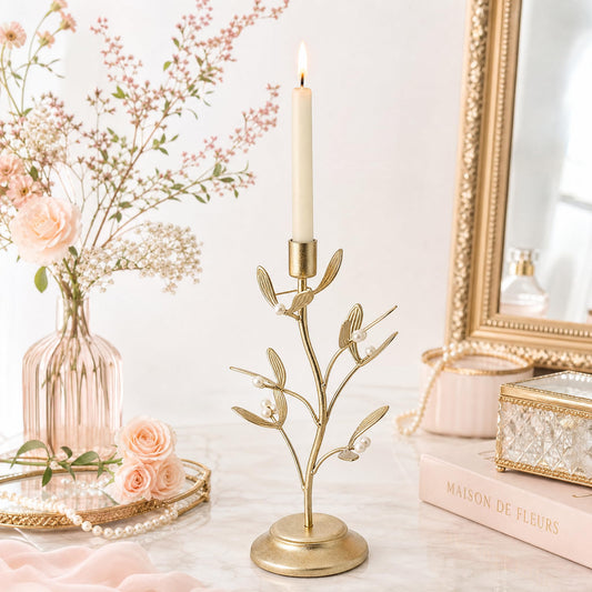 Candle Stick Holder Table Decor - Elegant Golden Metal Mistletoe Candle Holder Decorative for Coffee Gold for Living Room Symbol of Love and Life Flower Gifts 4.6 x 4.6 x 10 Inch Guichifun