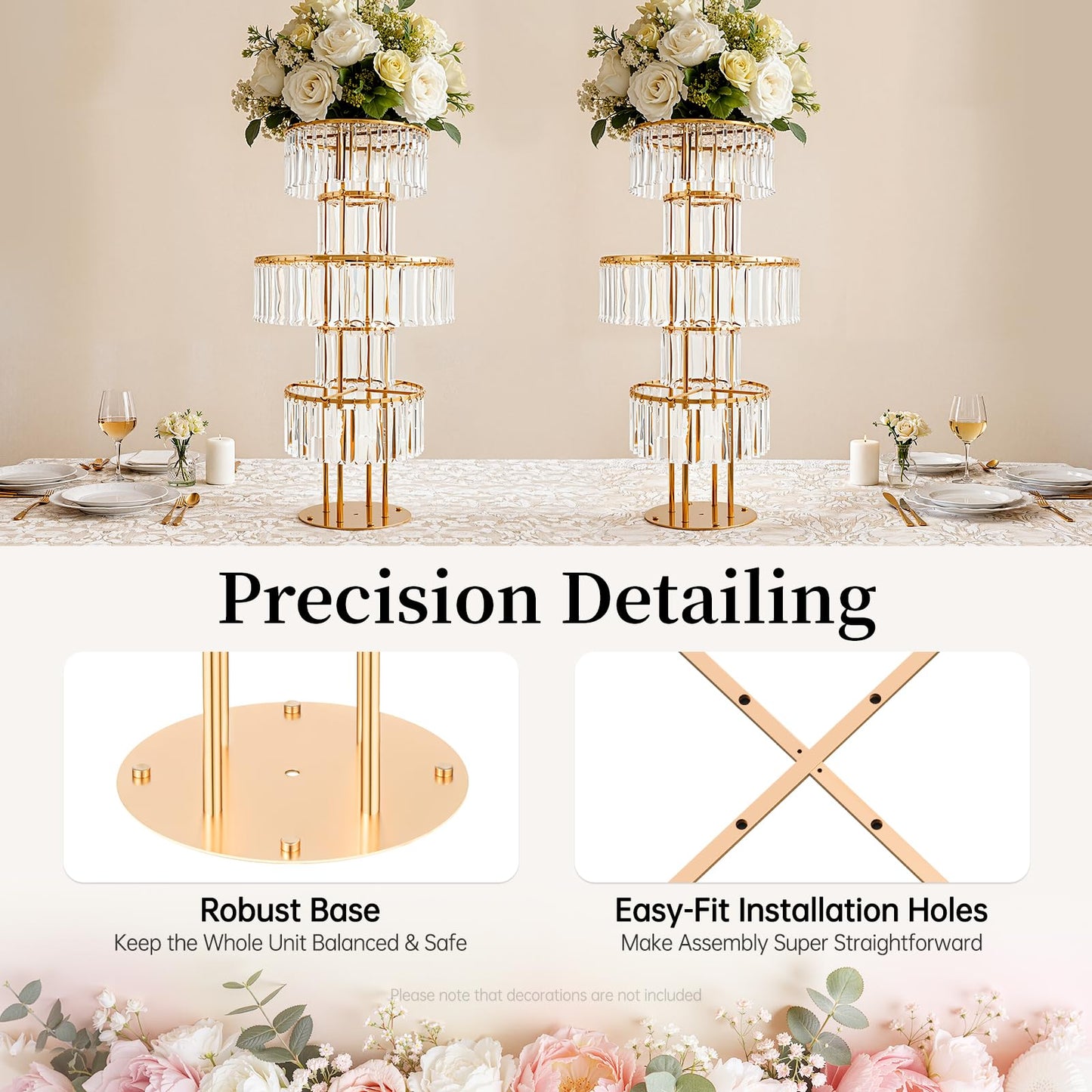 2 PCS Crystal Vases for Centerpieces, 43.3 in Tall Metal Pedestal Stands with Hanging Crystals for Table Chandelier Centerpiece, 5 Tiers Flower Stand for Wedding Reception Party (Gold, Round Base)