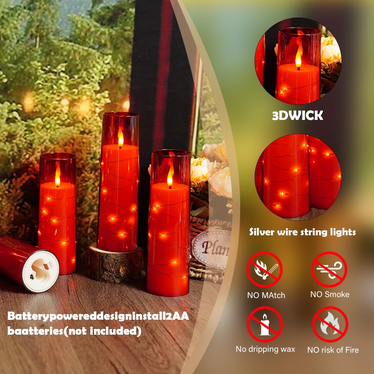 Sasigeiaa Flameless Candles with Embedded Star String - Battery Operated LED Candles, with Remote,12 Red Flickering Candles for Christmas, Weddings, Home Decor & Party,(D 2.3"×H 5" 6" 7")