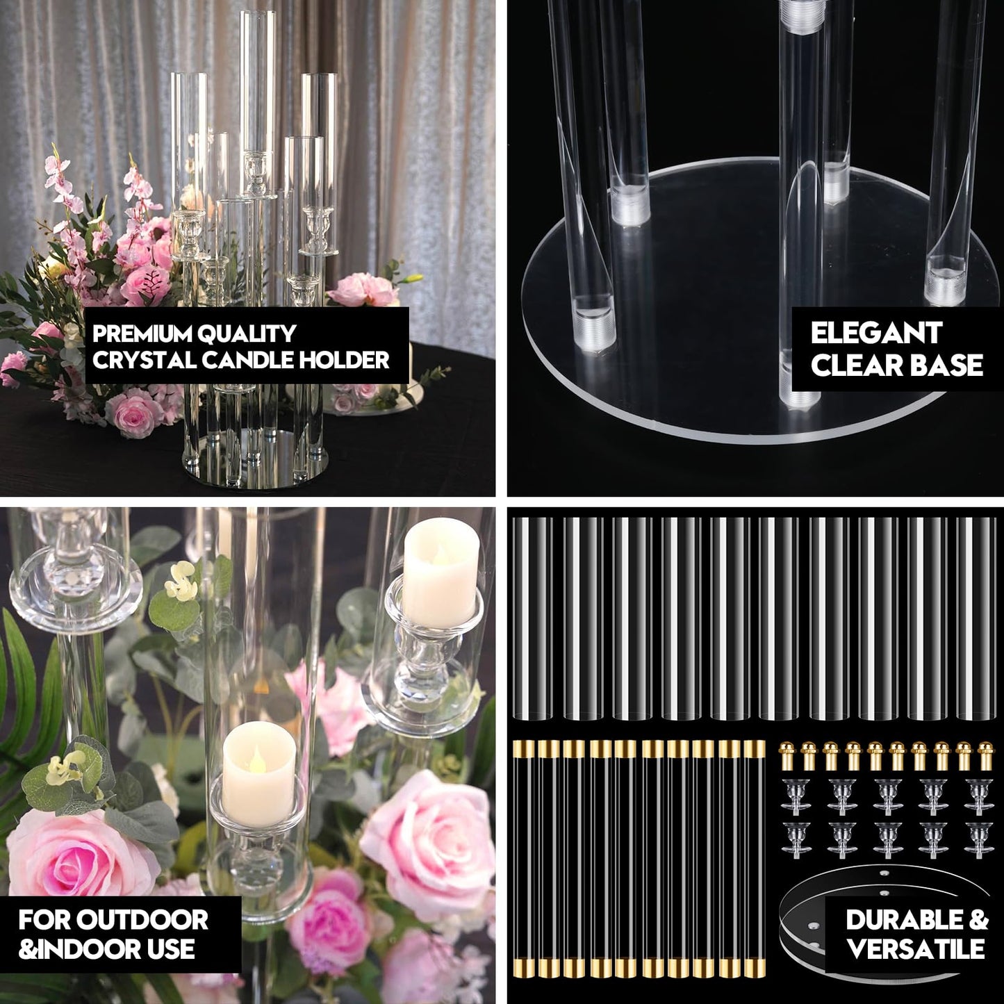 4 Set 5 Arm Acrylic Candle Holder, Mjkeomo 26'' Tall Candelabra Centerpieces for Tables Clear Candlesticks Holder with Lampshade for Housewarming Gift Fireplace Dinner Decor Fit 0.82'' LED Candle