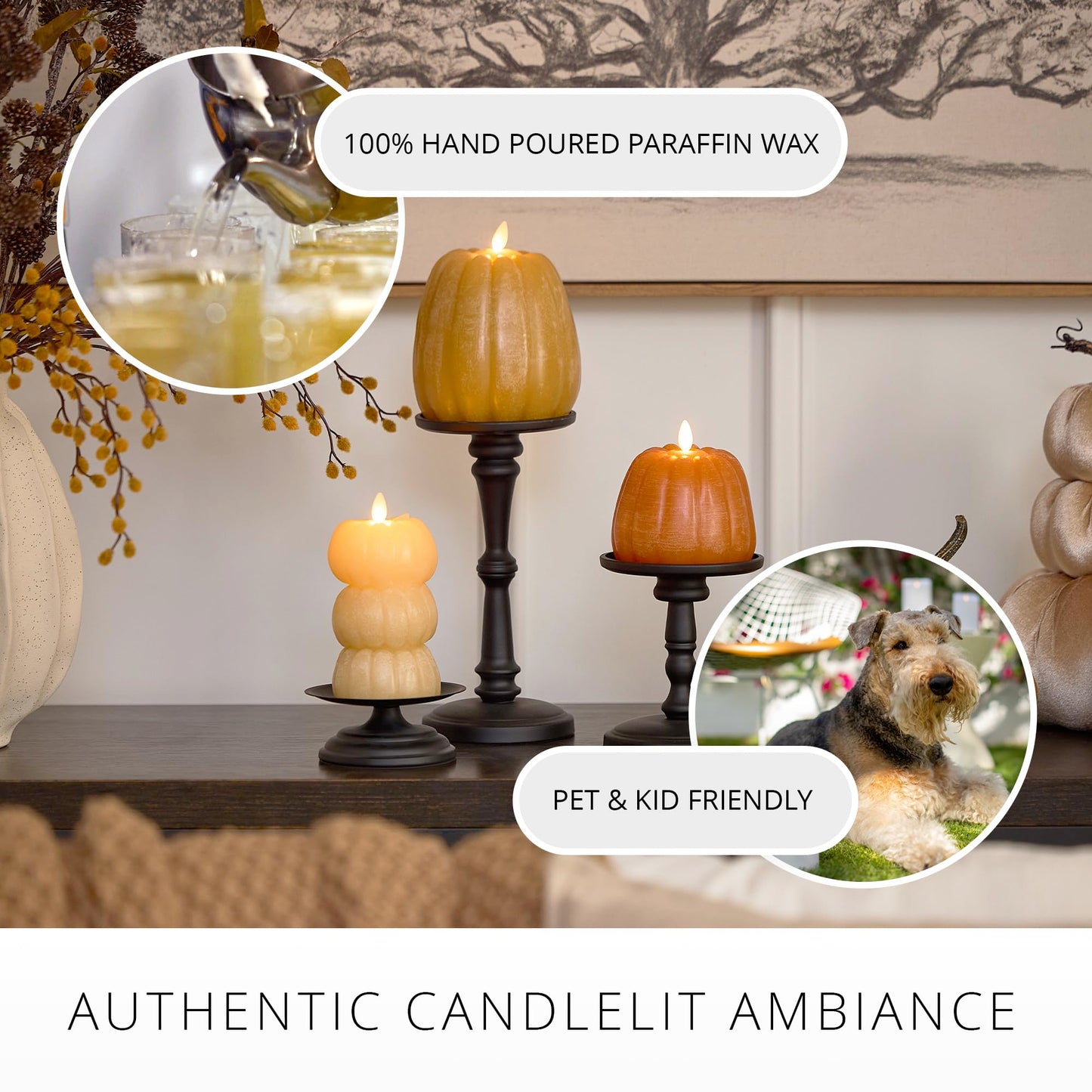 Luminara Stacked Jack-o-Lanterns Pumpkins Figural (Russet Orange) Flameless Candle Real Wax Moving Flame LED Candle (3.1" x 6"),
