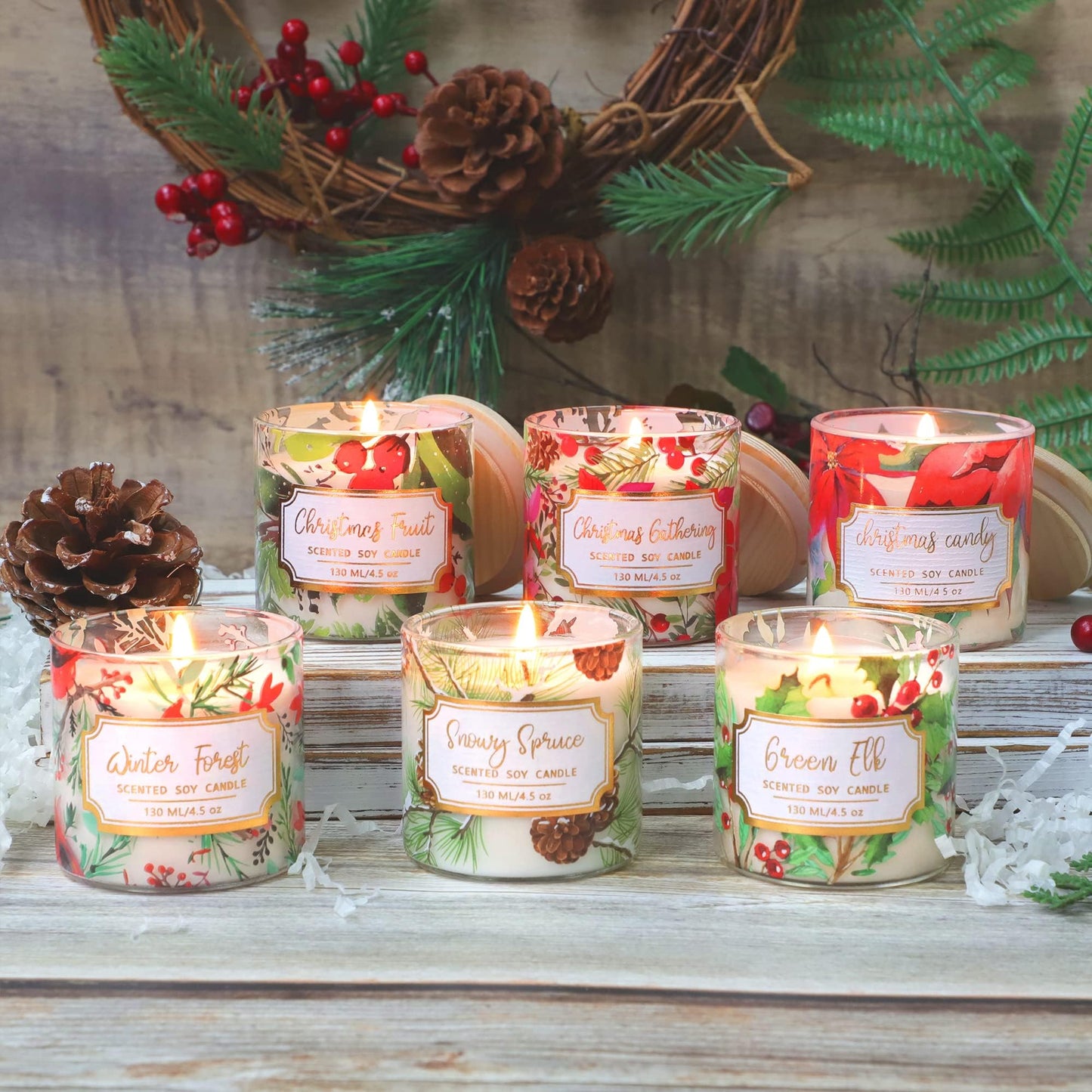 FLAVCHARM 6 Pack Christmas Scented Candles with Lid Soy Wax Strong Fragrance Different Scent Clean Burn Long Time Aromatherapy Glass Jar Candles for Home Scented Xmas Theme Decorations Gift Set