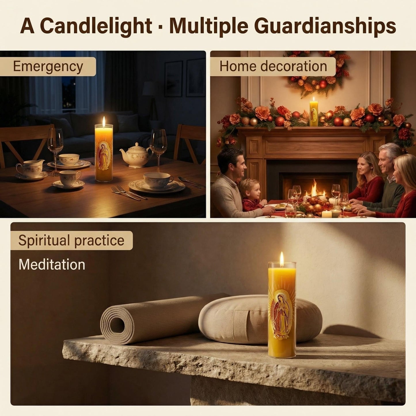 Virgen de Guadalupe Glass Beeswax Pillar Candle, 80-Hour Long Burning Smokeless Dripless Emergency Candle for Church, Prayer & Meditation, Christian Gifts for Women (Yellow, White)
