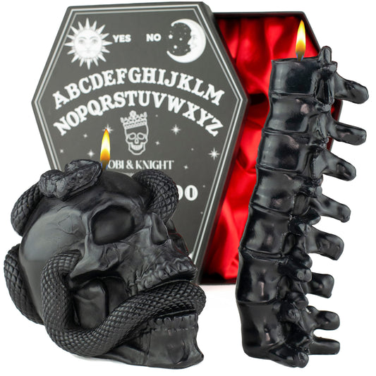 Kobi & Knight Black Skull Candle Set - Goth Candle with Snake and Spine in Coffin Gift Box - Gothic Candles for Spooky Halloween Decorations - Creepy Candles for Goth Decor