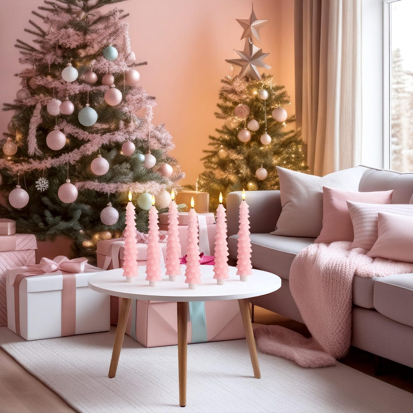Tujoe 2 Pcs Pink Christmas Tree Flameless Taper Candles with Remote Xmas LED Candlesticks Battery Operated Electric Candlelights 3D Flickering Flame for Holiday Winter Party Table Centerpiece Decor