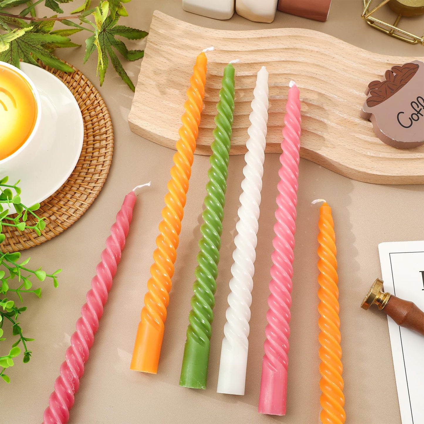 Whaline 8 Pcs Spiral Taper Candles White Pink Orange Green Dripless Twisted Wax Candles 10 Inch Long Unscented Candle Sticks for Spring Holiday Dinner Party Wedding Home Kitchen Table Decor