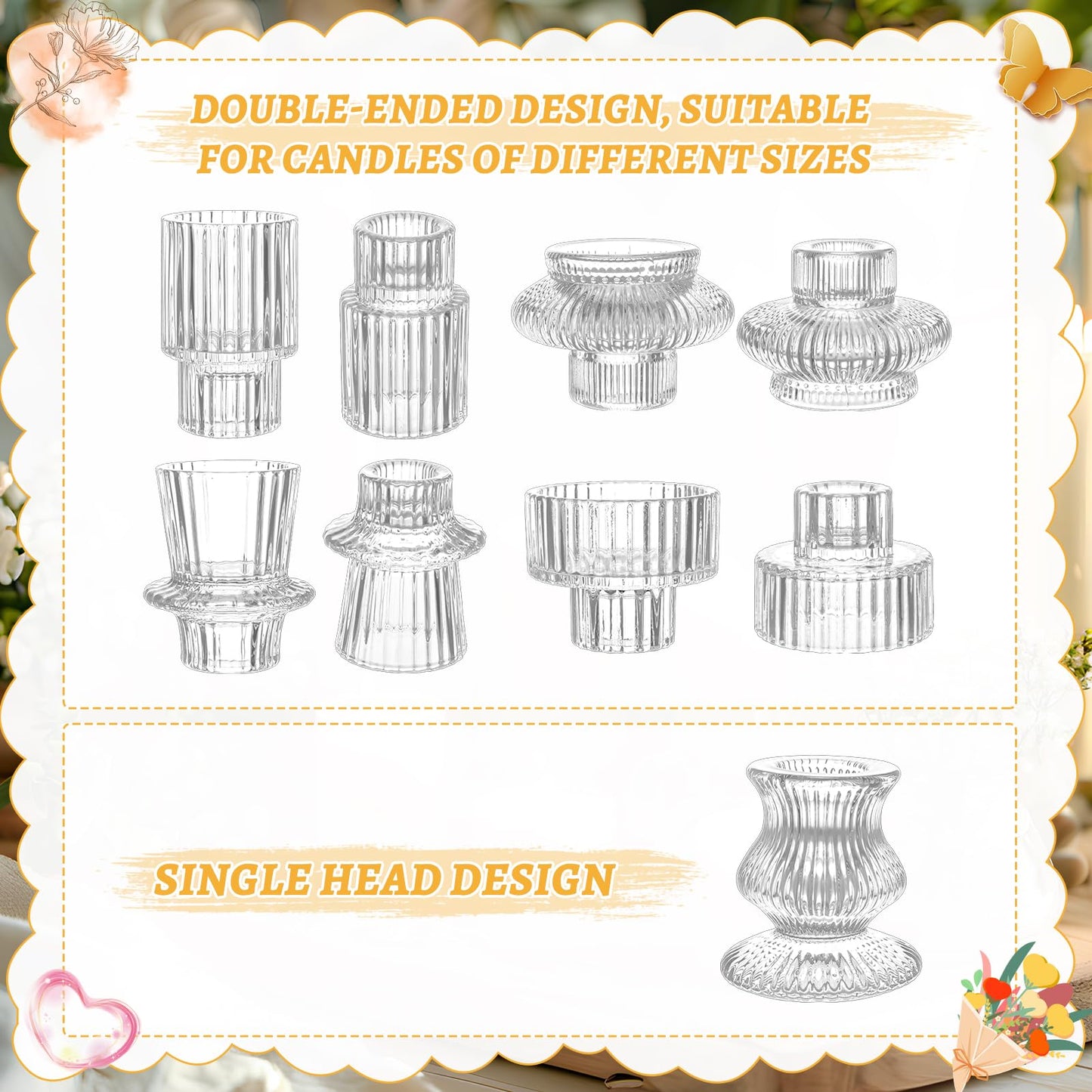 Ovveroche 10 Pcs Glass Candlestick Holders Set, Glass Crystal Taper Candle Holders Striped Vintage Reversible Clear Candle Stick Holder Ideal for Wedding, Party, Festival Celebrations, 5 Styles