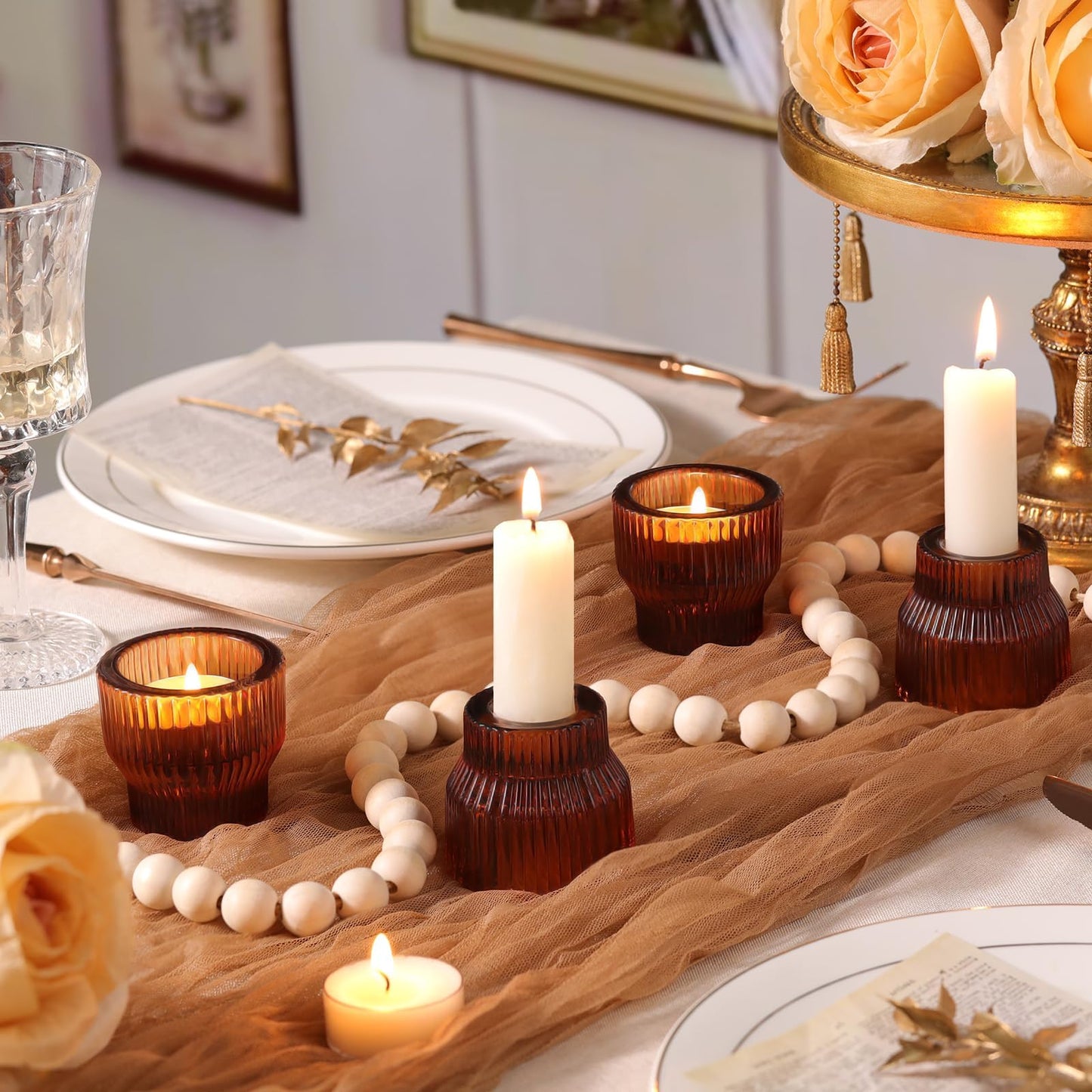 HAVITI 12 Pack Amber Taper Candle Holders, Glass Candlestick Holders, Tea Light Candle Holder for Fall Wedding Centerpieces Table Decorations, Votive Candle Holders for Table Decor