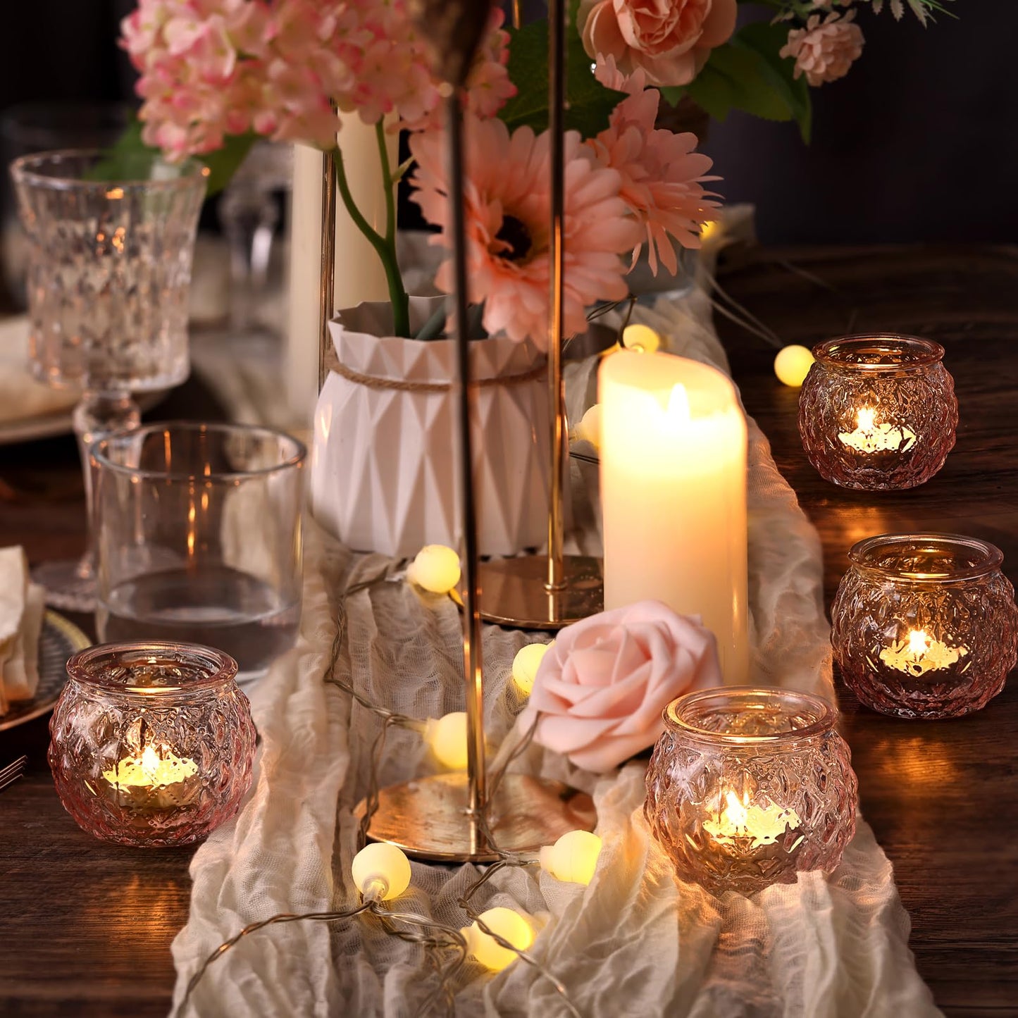 DARJEN 48Pcs Pink Votive Candle Holders- Round Candle Holders Bulk for Flameless LED Tea Waxes, Romantic Candle Holder for Wedding & Home Table Decor, Various Parties