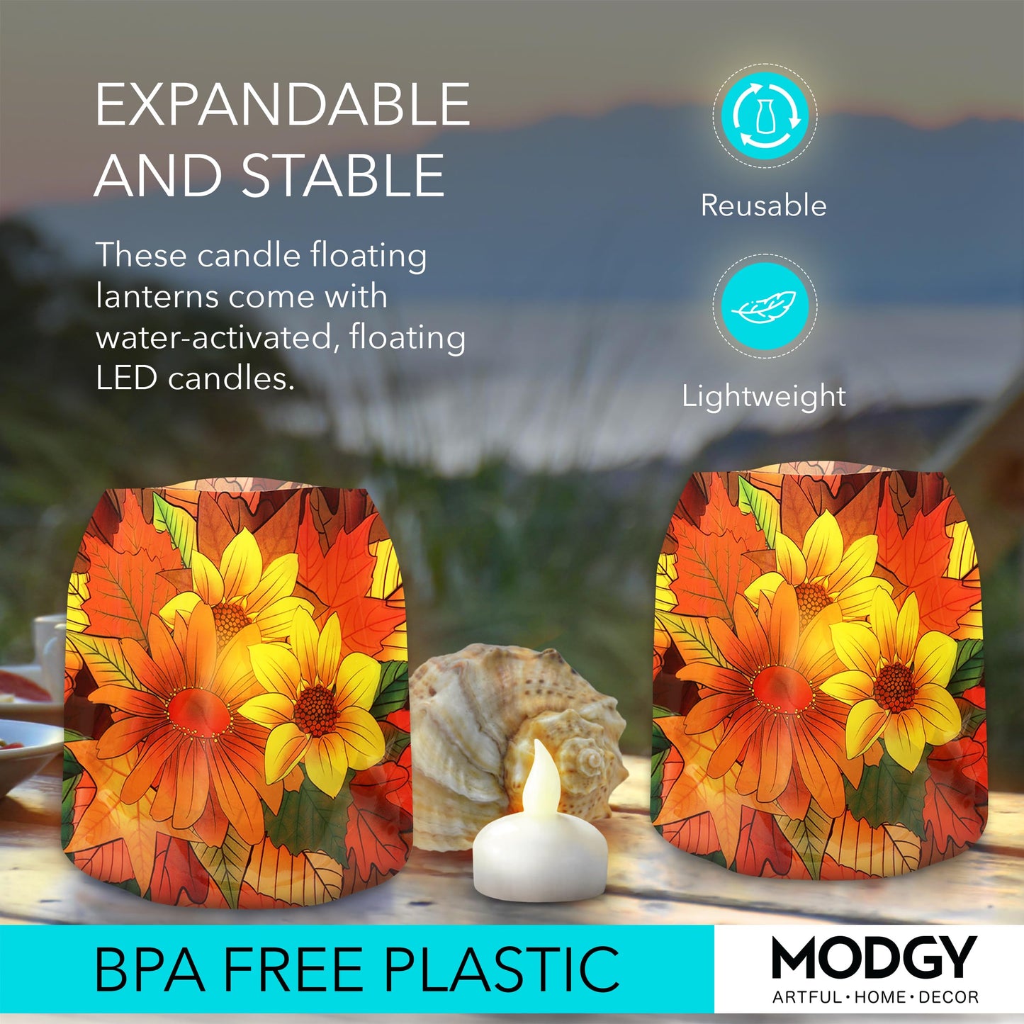 MODGY Luminary Lanterns Candle Holder Decorative Indoor Outdoor Decor, Lanterns for Wedding Centerpiece Decoration Outside Patio, with Flameless Floating LED Candles, ThankFall Pack of 2