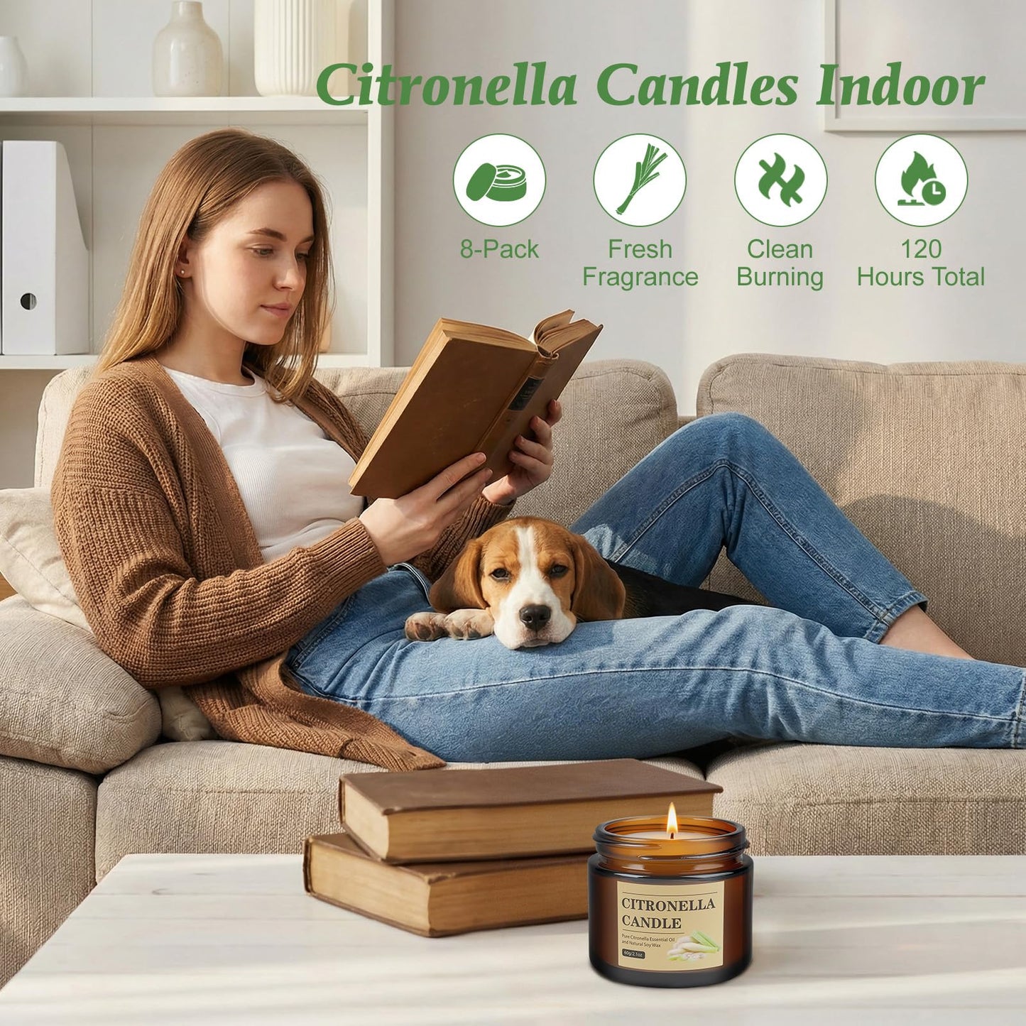 Citronella Candles Outdoor, 8 Pack Citronella Candles with Lids, 120 Hours Burn Time, Natural Soy Wax, Glass Jar Candle for Patio, Yard, Camping, Balcony, Garden, Summer Nights and Indoor Use