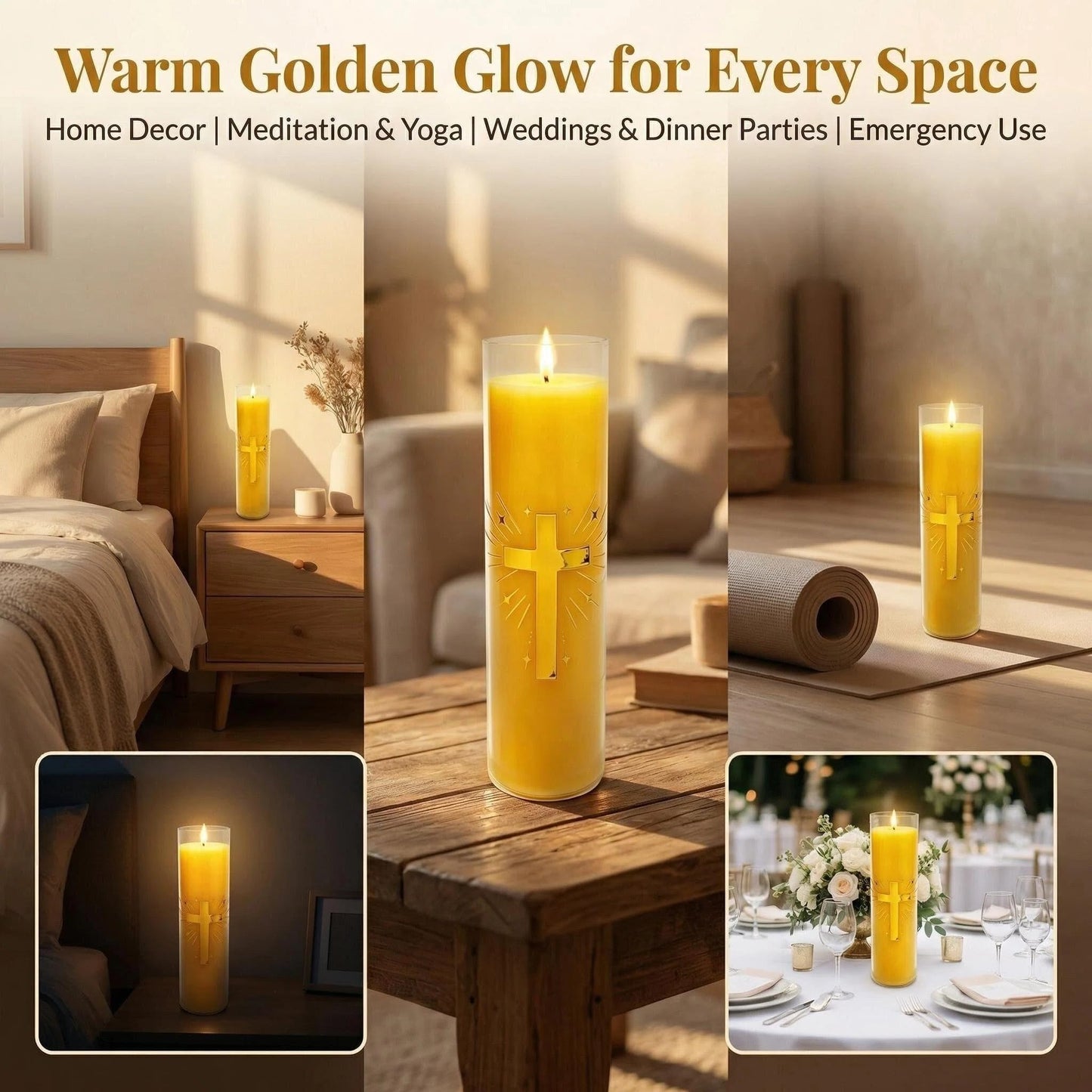 Eechen Charm 128 Hours Long Burning Beeswax Candles,Pure Beeswax Pillar Candles in Glass Jar,Unscented Natural Beeswax Prayer Candles for Religious Ceremony,Memorial,Vigil,Emergency (Yellow)