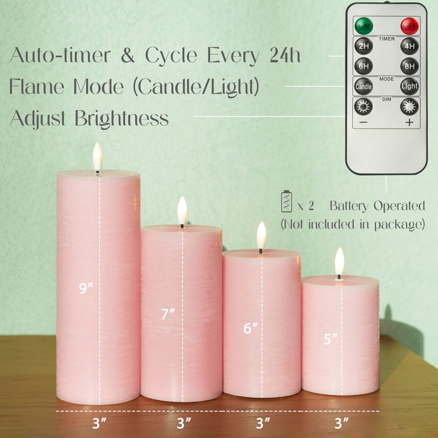 LUSHARBOR Flameless Candles, 4 Pack Battery Operated Candles with Remote, Real Wax LED Fake Candles with Timer Flickering for Christmas Wedding Home Party D3 H 5" 6" 7" 9" Pink
