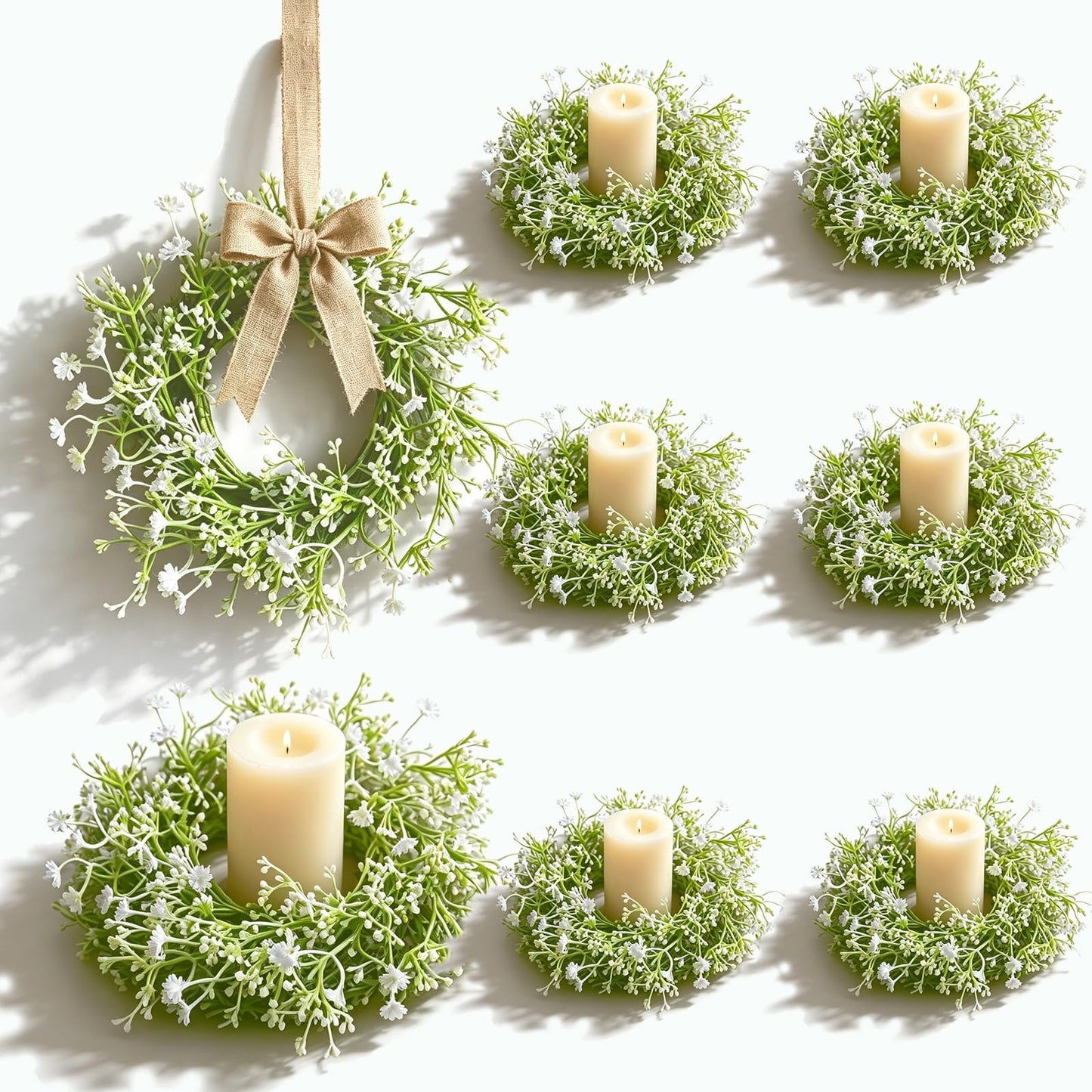 8 Pcs Mini Baby Breath Candle Rings Wreaths Gypsophila Pillar Holder Wreath Artificial Flower Spring Summer Floral Wreath for Wedding Farmhouse Porch Cabinets Table Decoration