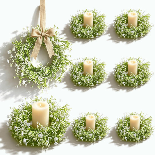 8 Pcs Mini Baby Breath Candle Rings Wreaths Gypsophila Pillar Holder Wreath Artificial Flower Spring Summer Floral Wreath for Wedding Farmhouse Porch Cabinets Table Decoration