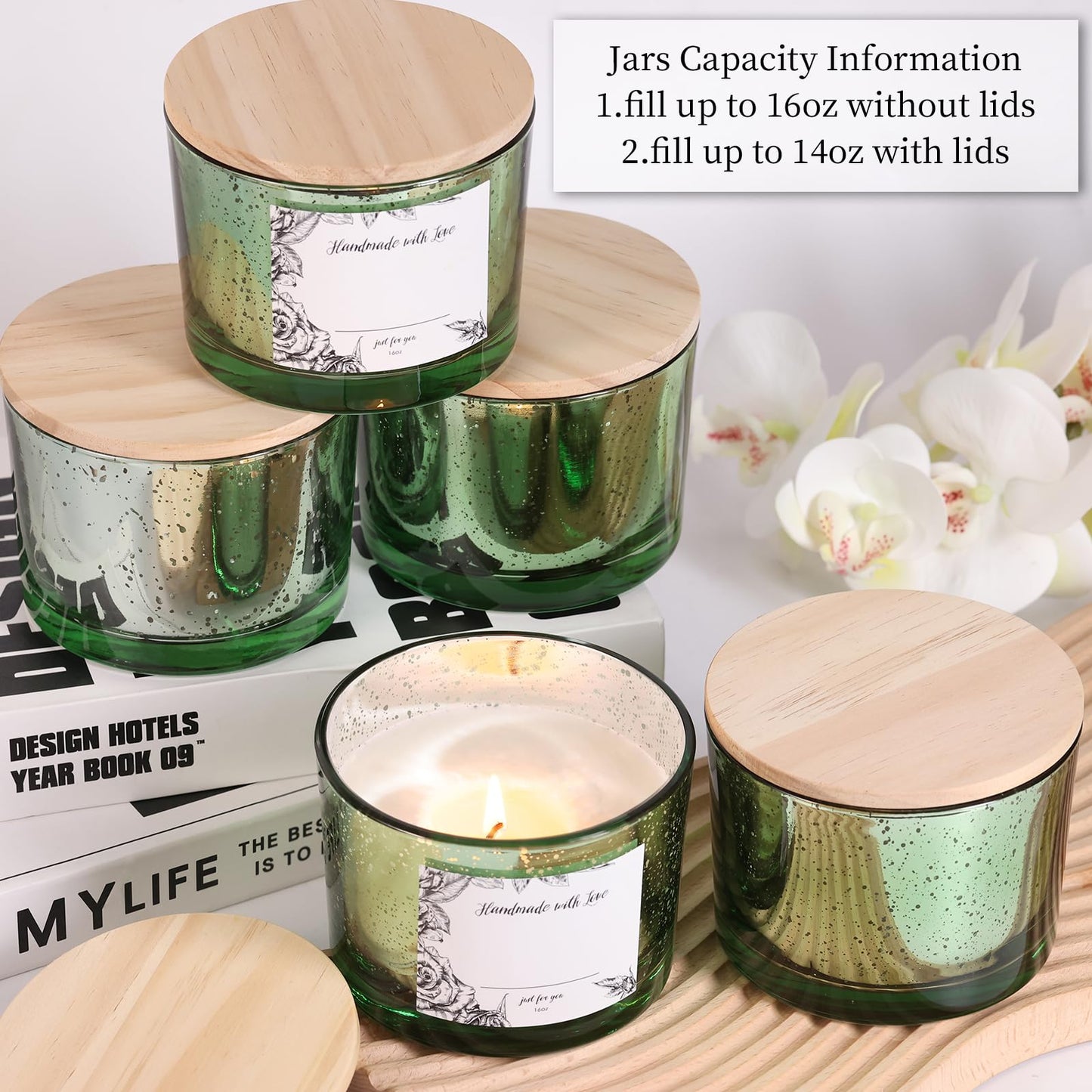 simeitol 16 OZ Green Candle Jars for Making Candles 6 Pcs, Glass Candle Jars with Airtight Bamboo Lids - Empty Candle Jar Bulk with Sticky Warning Labels - for Home Decor, Wedding, Christmas