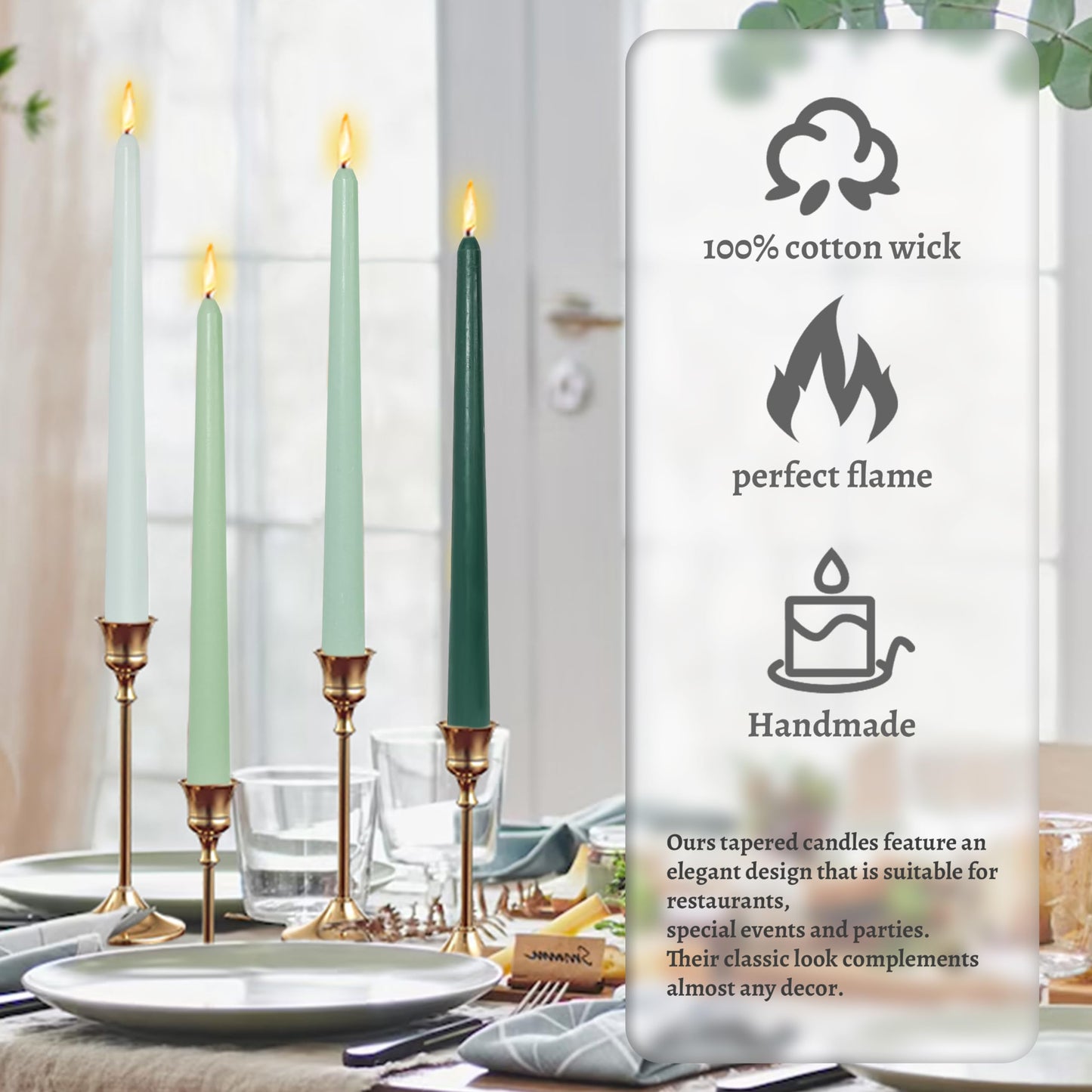 Dripless Handmade Gradient Green Taper Candles Green Tea Scented Long Lasting Smokeless Aromatherapy Candles 10 Inch Elegant Tall Candlesticks for Home Décor Wedding Gift