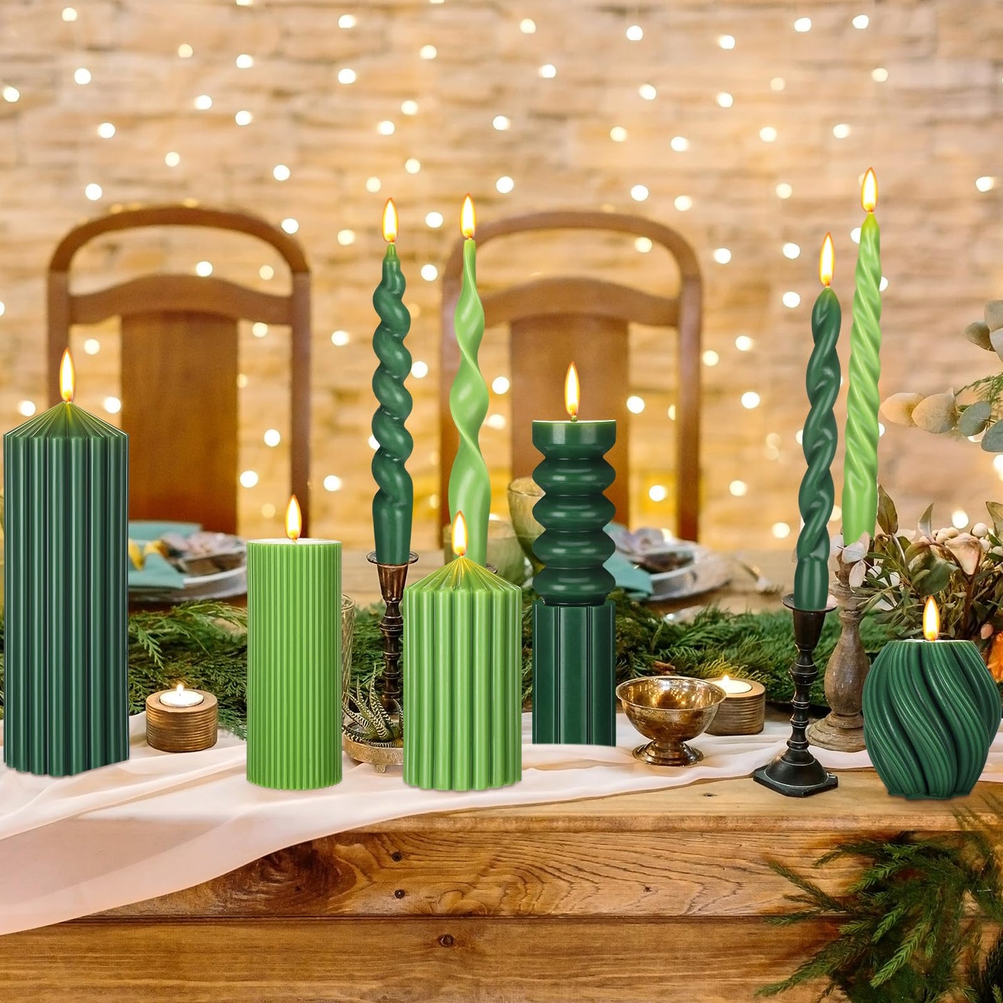 Nuanchu 9 Pcs Modern Decorative Candles Set 5 Pillar Aesthetic Ribbed Candles 4 Spiral Taper Twisted Candlesticks Scented Smokeless Soy Wax for Wedding Holiday Dinner Home Decorations(Green)