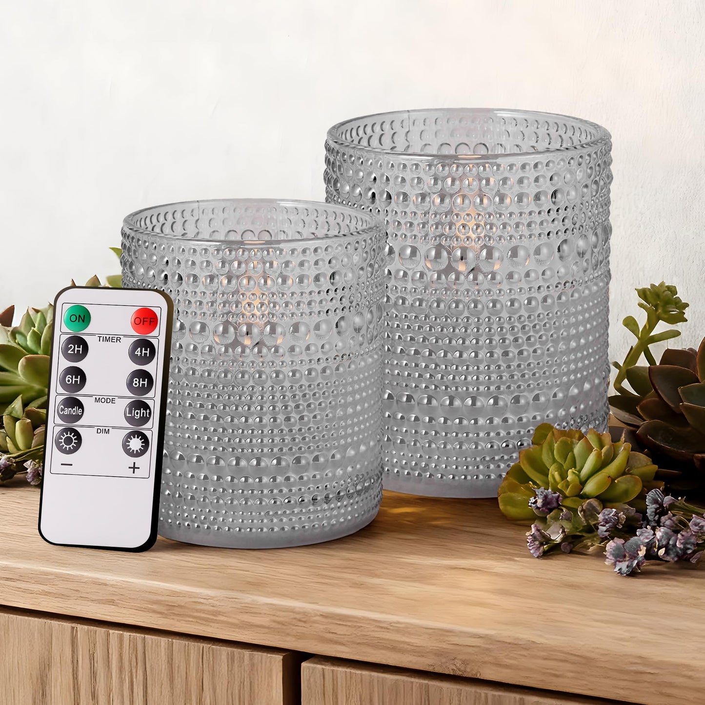 Velsyn Dotted Glass Flameless Candles with Remote Timer, Real Wax Battery Operated LED Pillar Candles with 3D Flickering Flame for Festival Wedding Home Party Decor, 3" x 4", 4" x 5", Set of 2 (Gray)
