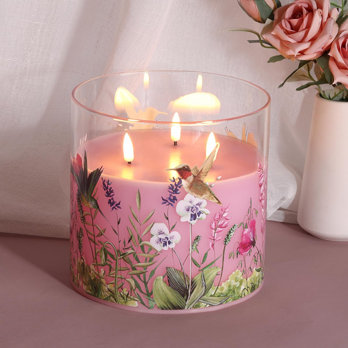 Girimax 3 Wick Pink Hummingbird Glass Flameless Candle with Remote, Large 6x6 inch LED Pillar Candle Battery Operated Flickering Spring Home Decor Gift