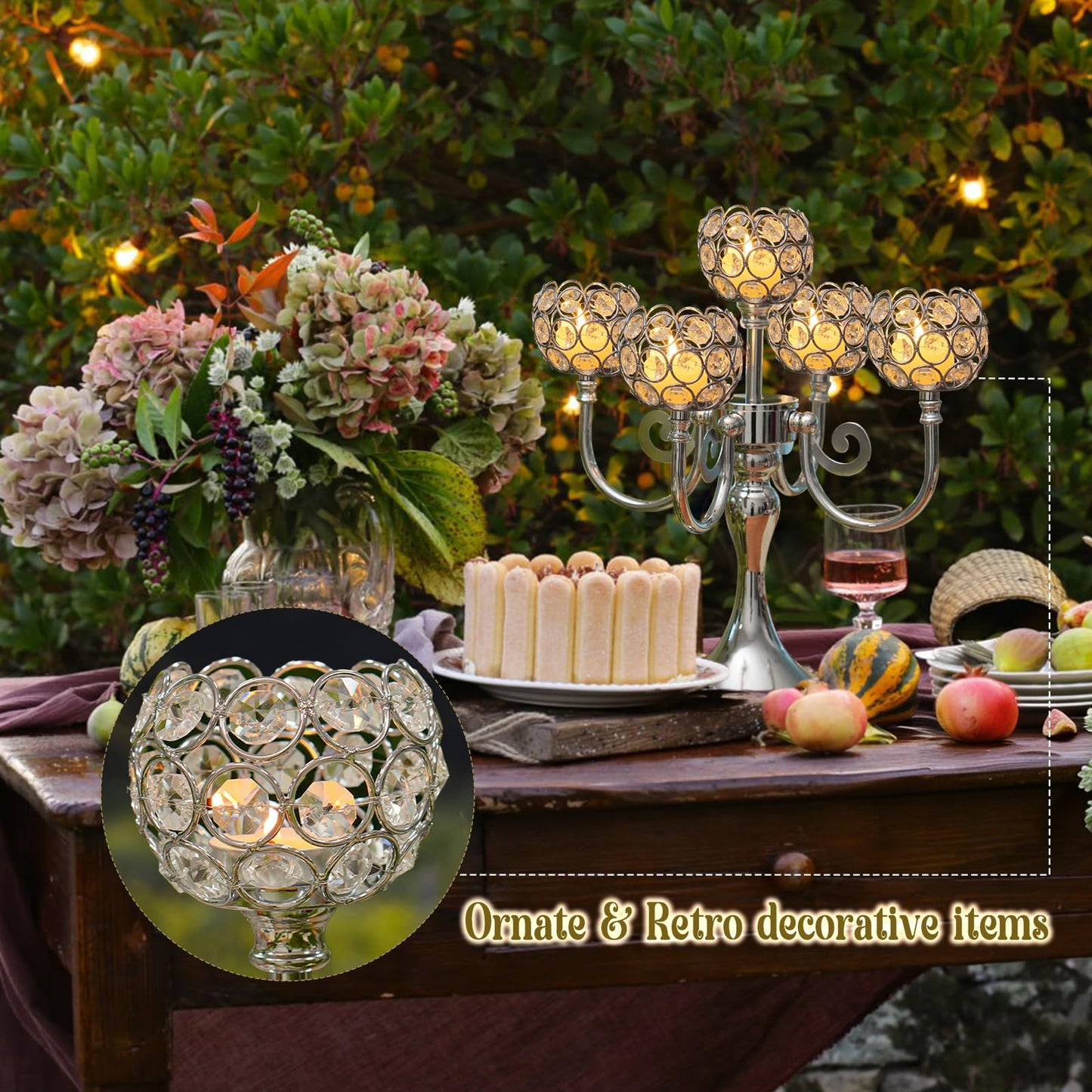 5 Arm Metal Crystal Candelabra Centerpiece - 13.4 Inch Elegant Candle Holder with Crystal Beads for Wedding Party Christmas Home Dining Table Decoration (2, Silver)