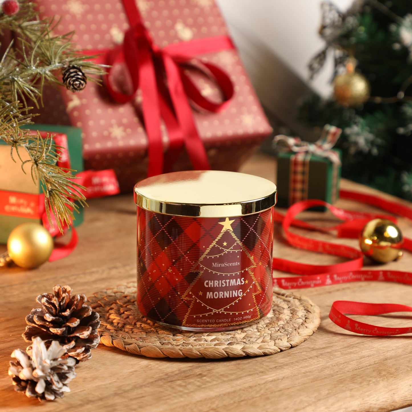 Christmas Scented Candle, MiraScents Christmas Morning Scented Candle, 3 Wicks Large Candle Natural Soy Wax Candles, Red Xmas Tree Candles Gifts, 14oz