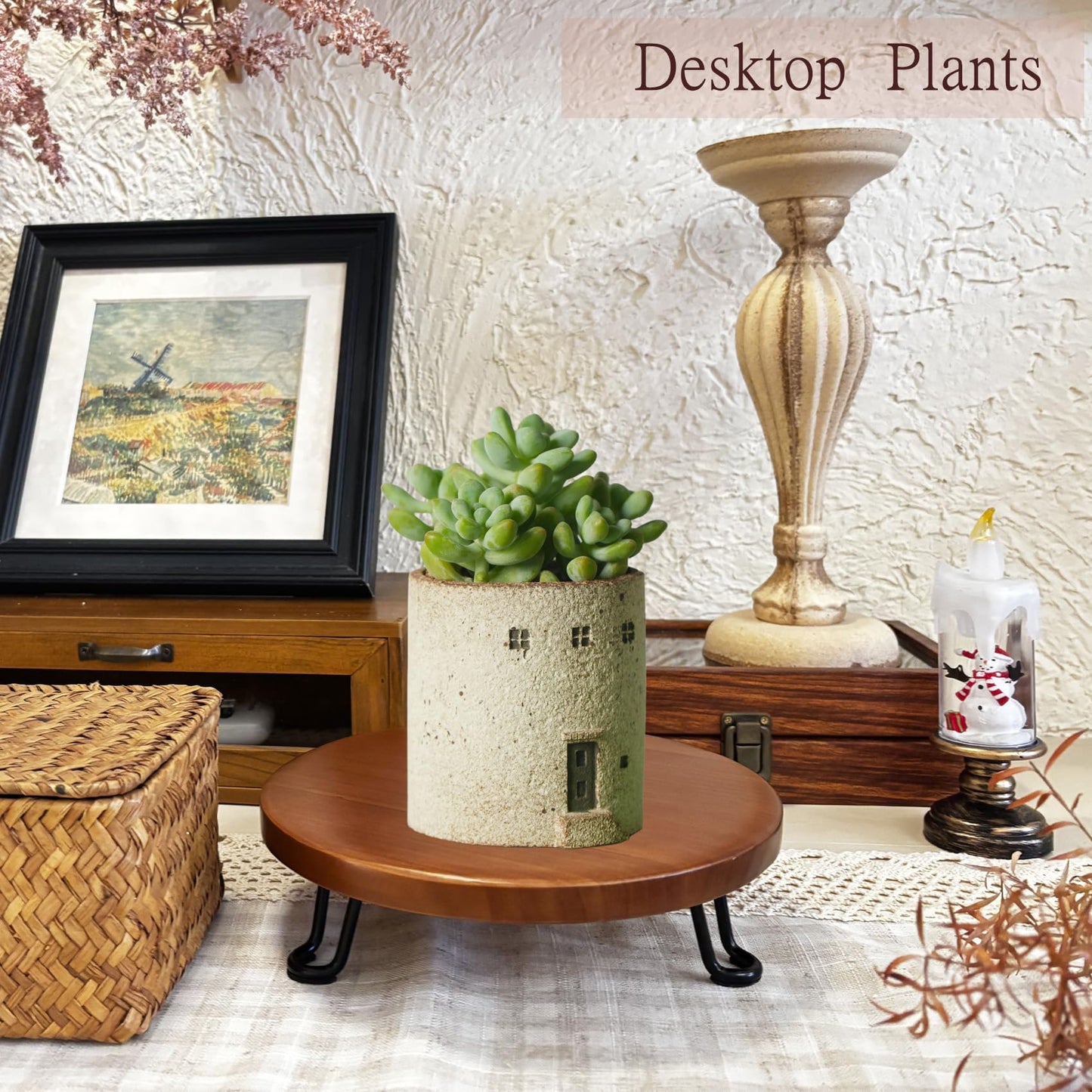 Banrinly 8 Inch Round Wood Riser with Metal Legs - Decorative Pedestal Tray Stand for Countertop Organizer - Farmhouse Boho Style Display Stand for Kitchen, Bathroom, Coffee Bar