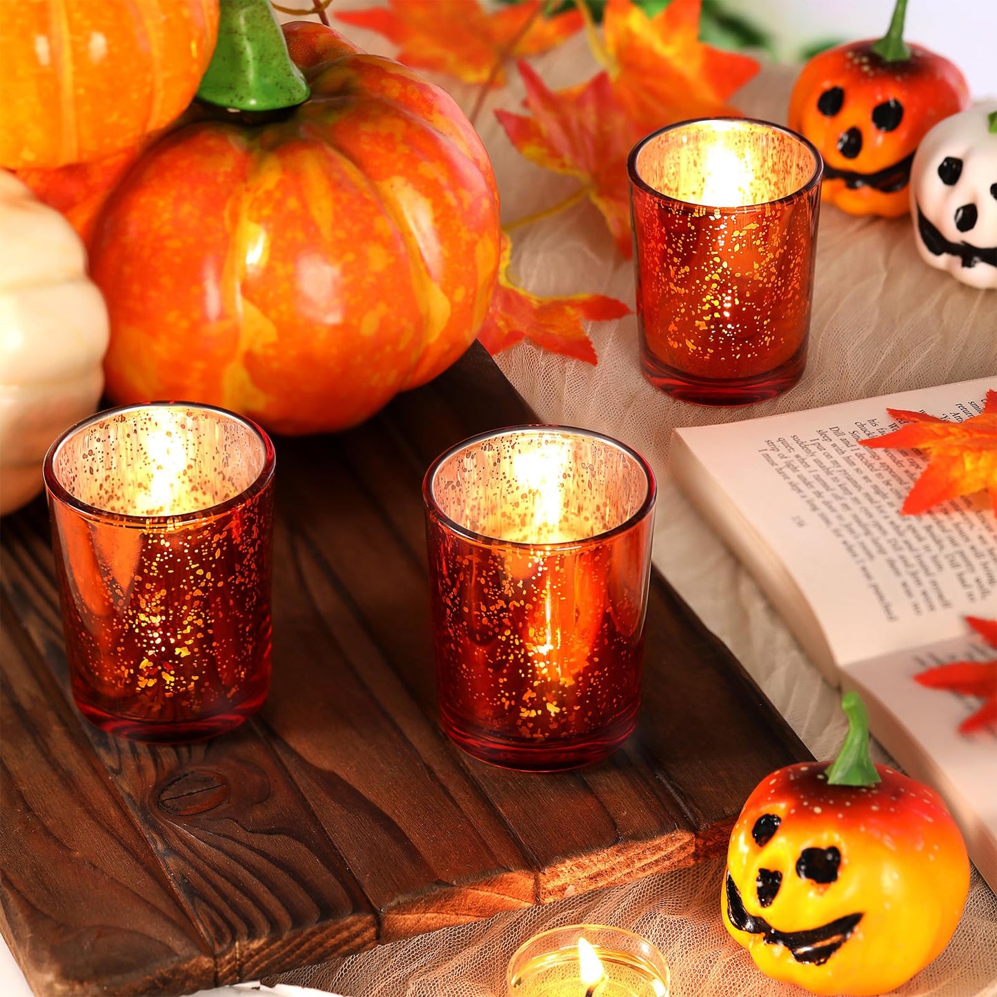 DARJEN 24Pcs Orange Votive Candle Holders, Tea Lights Candles Holders for Wedding Centerpieces & Party Decorations, Fall Home Table and Thanksgiving Day