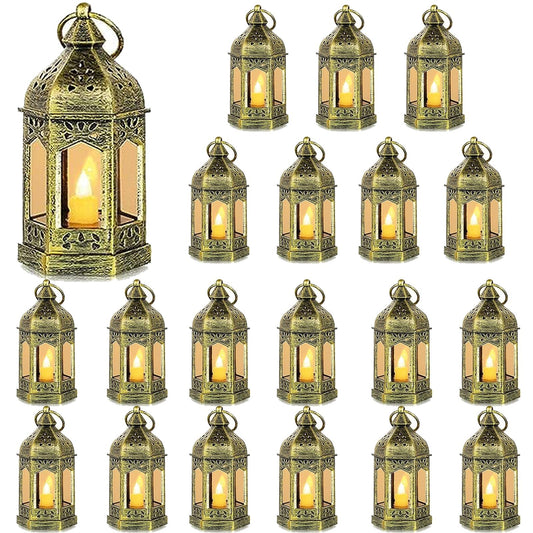 Mini Lantern with Flickering LED Candles Set of 20, Hewory Gold Vintage Decorative Hanging Candle Lanterns for Halloween, Christmas, Wedding Decorations, Party, Table Centerpiece, Battery Included