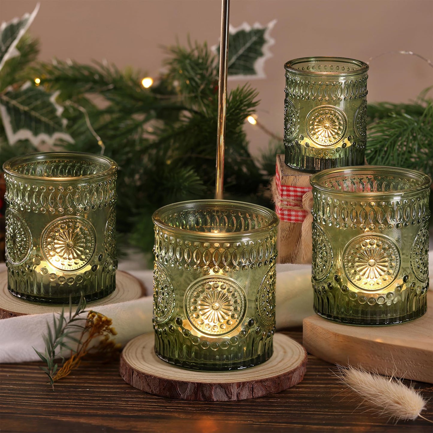 DEVI 8oz Empty Green Embossed Glass Candle Jars for Making Candles Set of 8, Bulk Empty Candle Containers, Glass Tins Making Supplies for Gifts, Wedding Decorations
