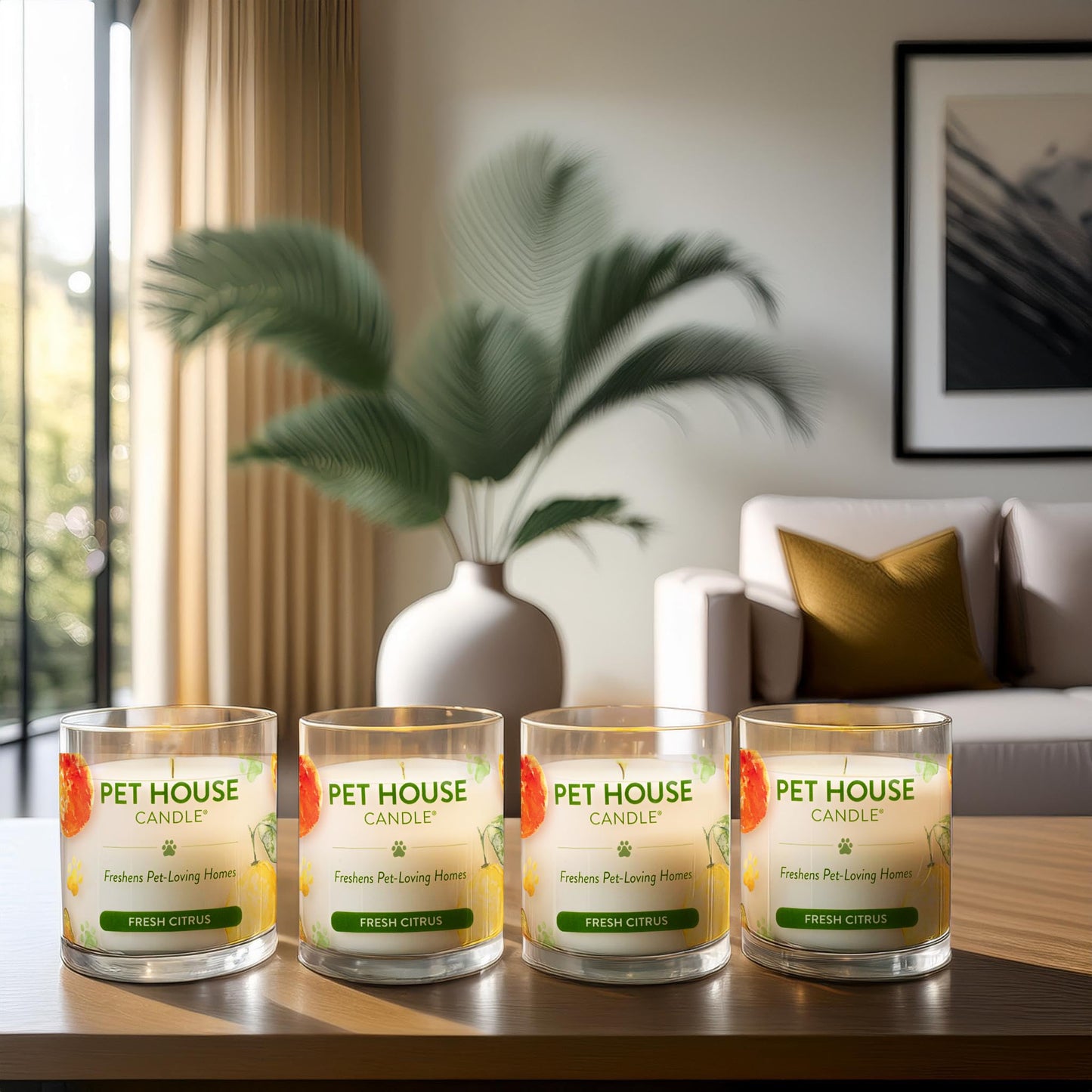 One Fur All Pet House Soy Candles, Clean Burning, Long Lasting, Plant-Based Scented Candles for Pet Odor, Fresh Citrus, 4 Pack