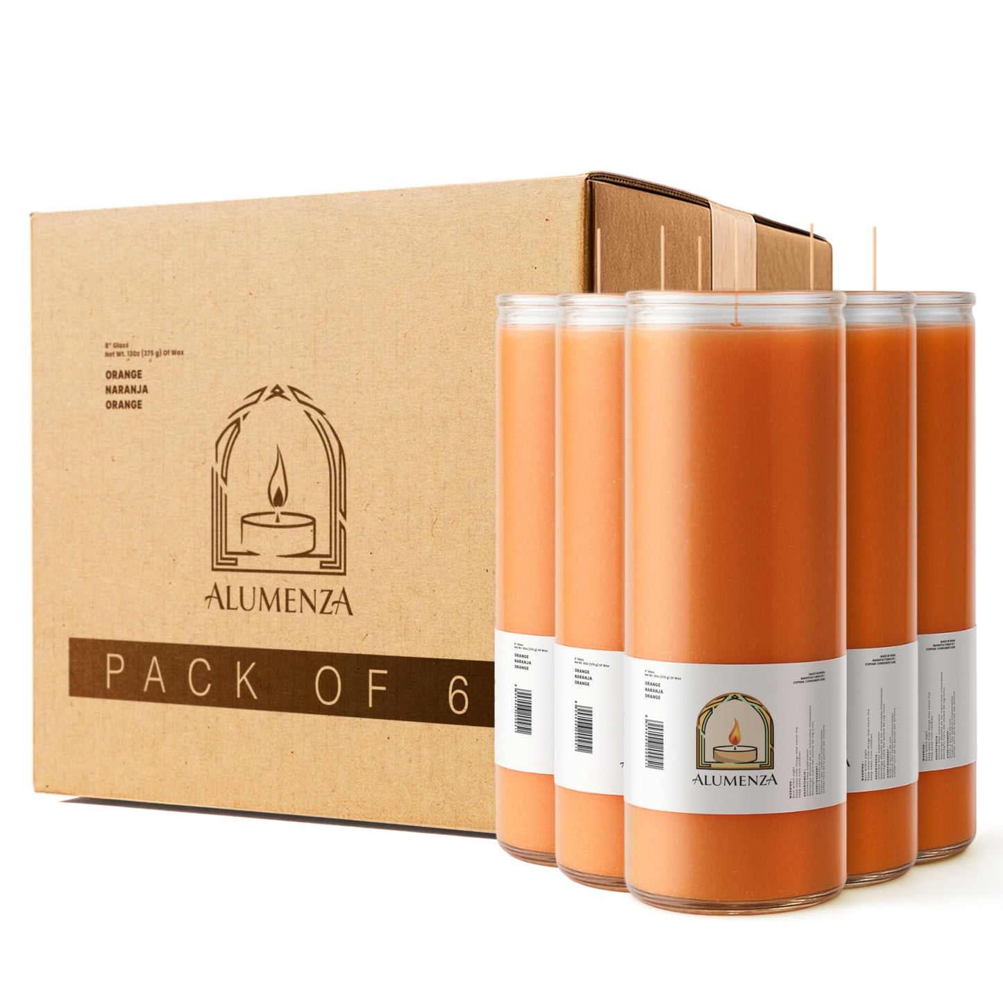 Alumenza Bulk 6 Pack Orange 7 Day Candles in Glass Jar – Paraffin Wax, Clean Burning Unscented | Large & Tall Devotional Prayer Pillar Candles for Home, Memorial, Spells, Long Lasting