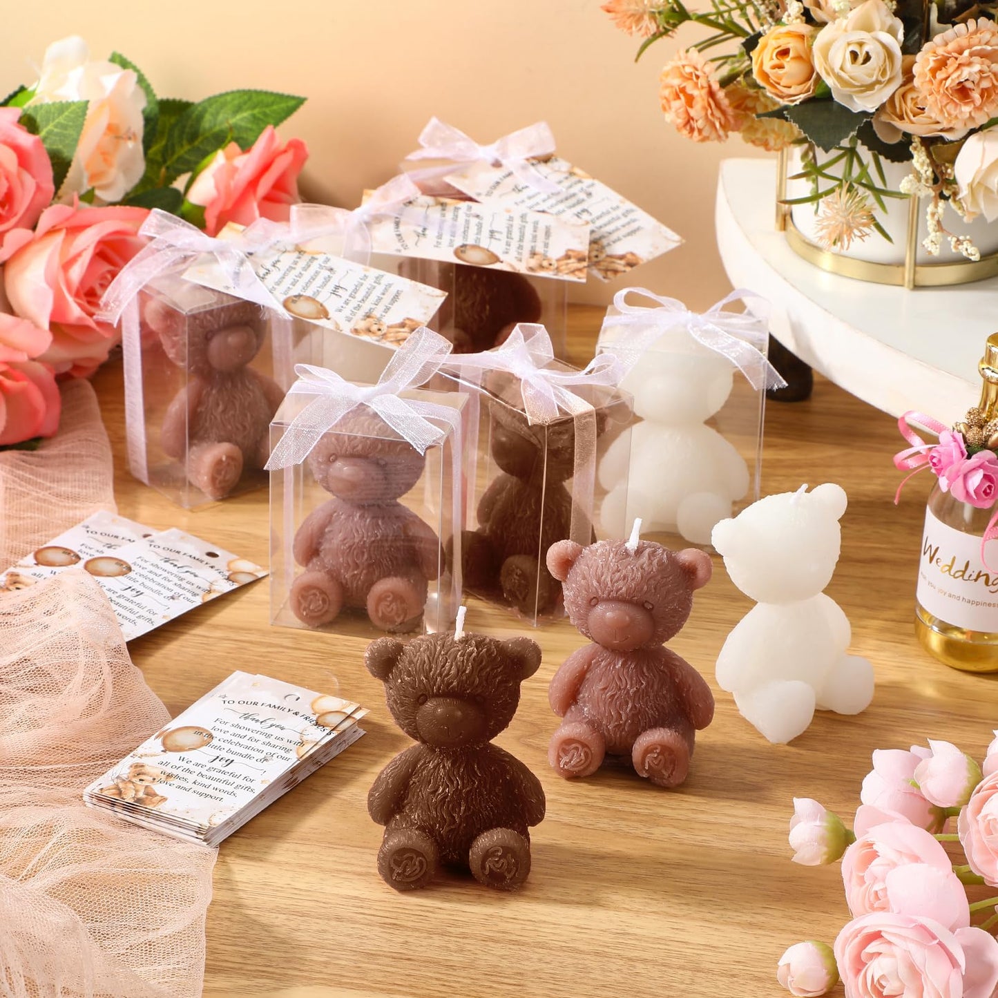 Threlaco 30 Sets Baby Shower Favor for Guests Large Bear Shaped Candles Bulk 2.95 x 2.36 Inch Bear Candles with Thank You Cards White Ribbons Clear PVC Boxes for Boys Girls Gender Reveal(Brown Series)