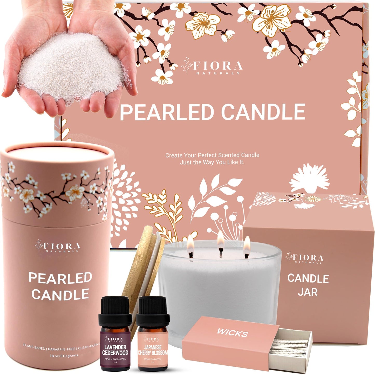 Pearled Candle Sand Gift Set - 18oz Sand Wax, 30 Wicks, 2X Natural Fragrance Oils + Free Large Glass Jar Included - Smoke-Free Powder Snow Candles, Upto 120 Hours Burn Time - DIY Candle Making Kit