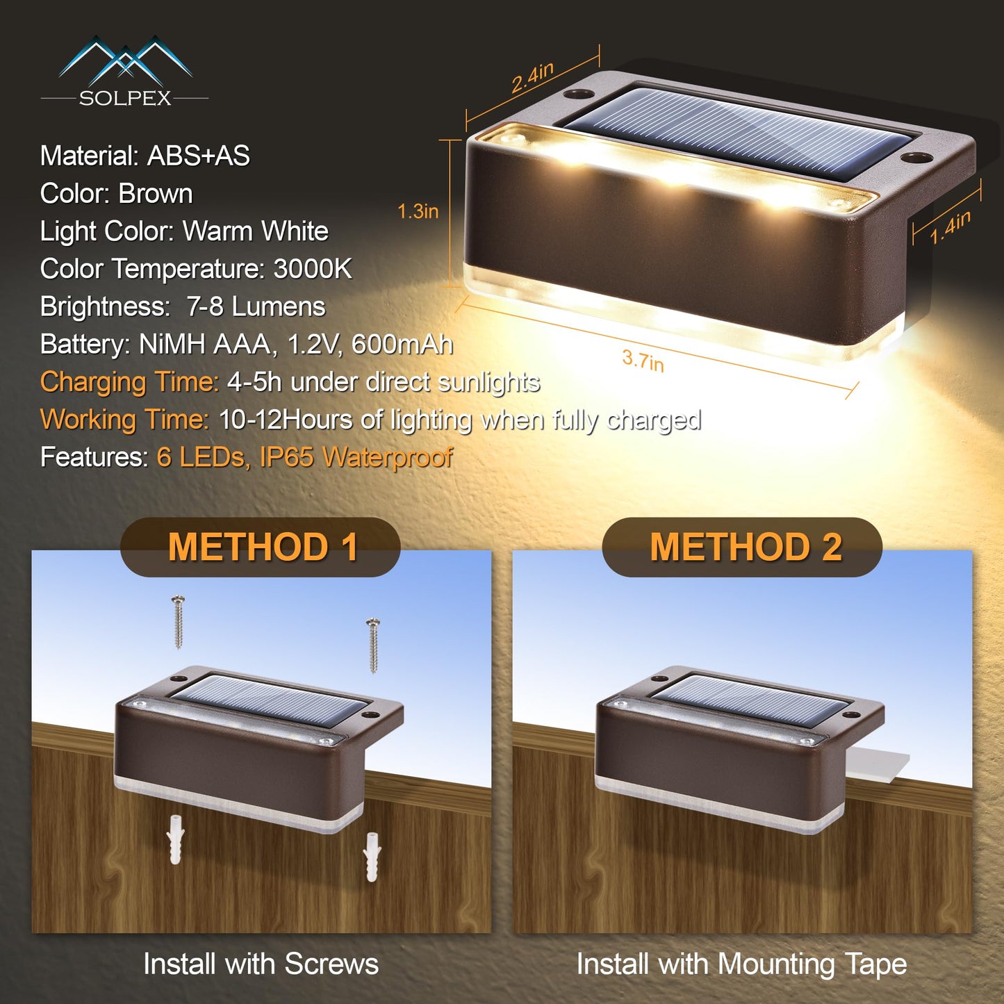 SOLPEX Solar Fence Lights, 6 LEDs Solar Lights Outdoor Waterproof Solar Powered for Deck, Stair, Front Porch, Balcony, Walkway, Garden, Yard, Patio, Pool Decor, IP65 Waterproof (16 Pack, Warm White)