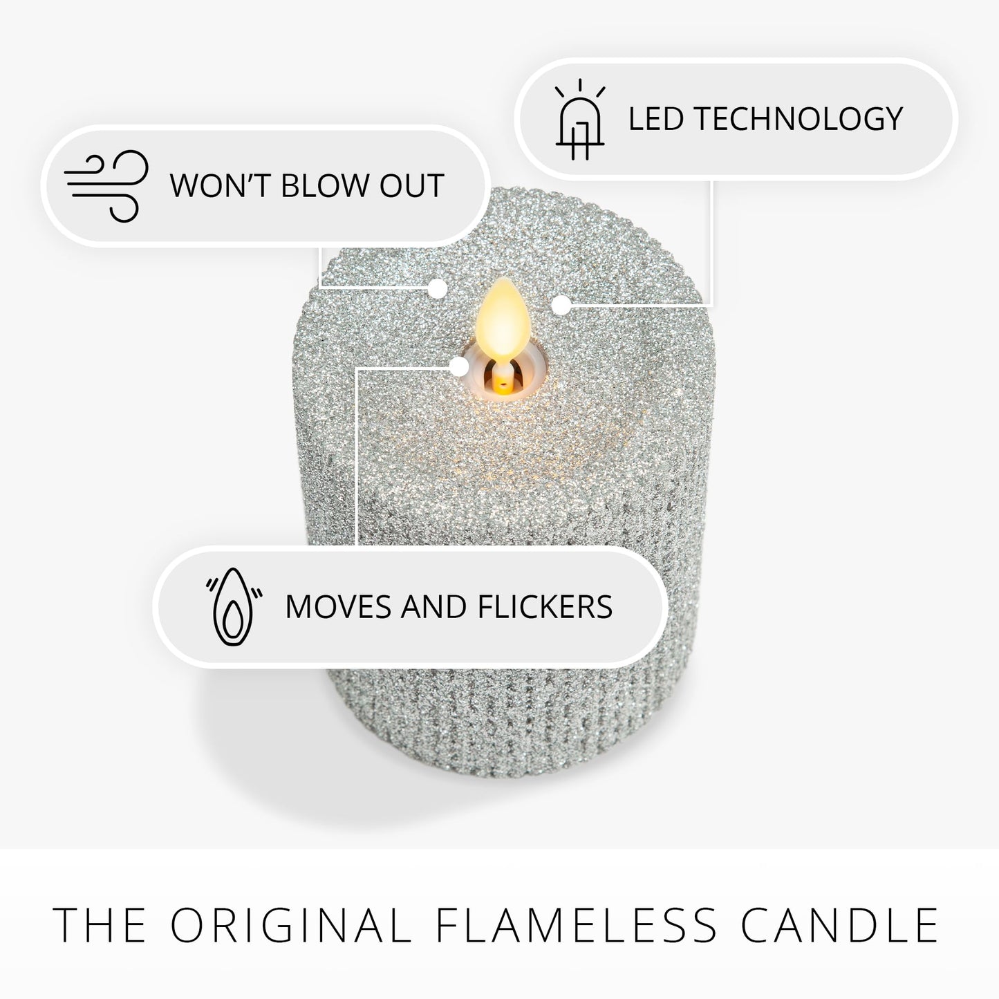 Luminara Brilliant Silver Glitter Ribbed Flameless LED Candle Moving Flame Pillar, Real Wax, Flat Top, Timer (3.25" x 4.5")