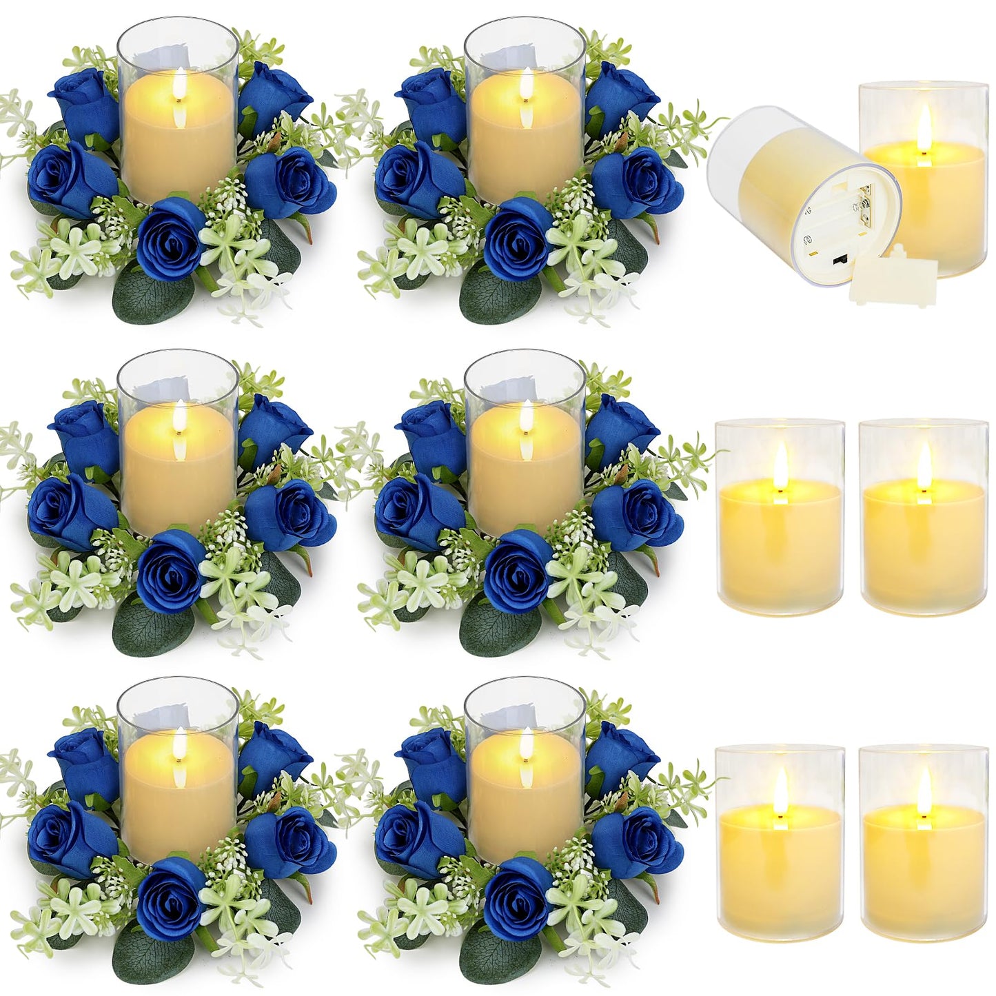 Tobilu 6 Sets Artificial Roses Candle Rings - Roses Floral Rings Wreaths with LED Candles Eucalyptus for Centerpieces Table Cabinets Front Doors Wedding Home Party Decor - Royal Blue