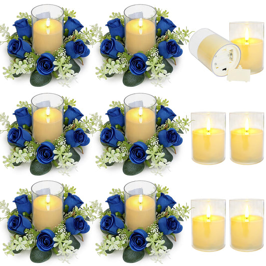 Tobilu 6 Sets Artificial Roses Candle Rings - Roses Floral Rings Wreaths with LED Candles Eucalyptus for Centerpieces Table Cabinets Front Doors Wedding Home Party Decor - Royal Blue