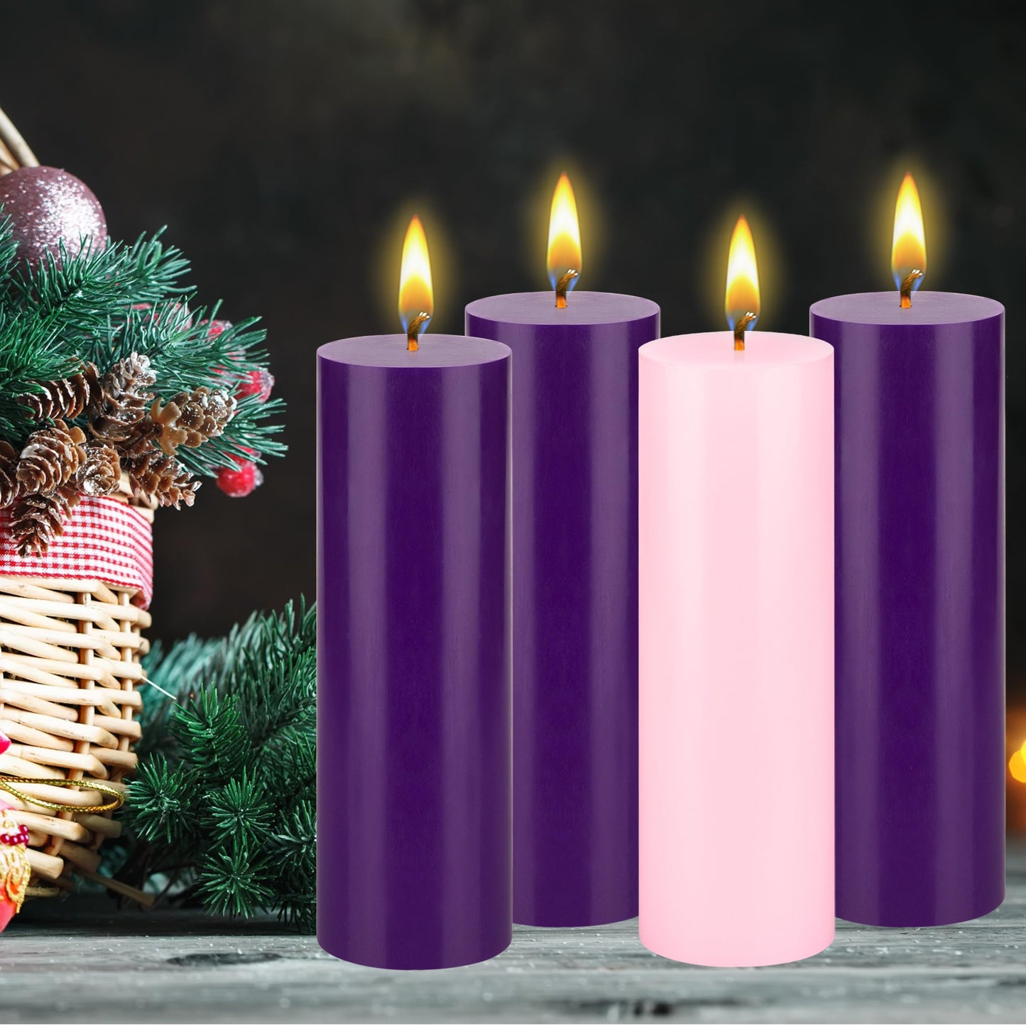 Mega Candles 4 pcs Unscented Christmas Advent Candles Set, Hand Poured Premium Wax Round Pillar Candle 3 Inch x 9 Inch, Holidays, Occasions, Events, Festivities, Devotional, Church, Wreath, Gifts