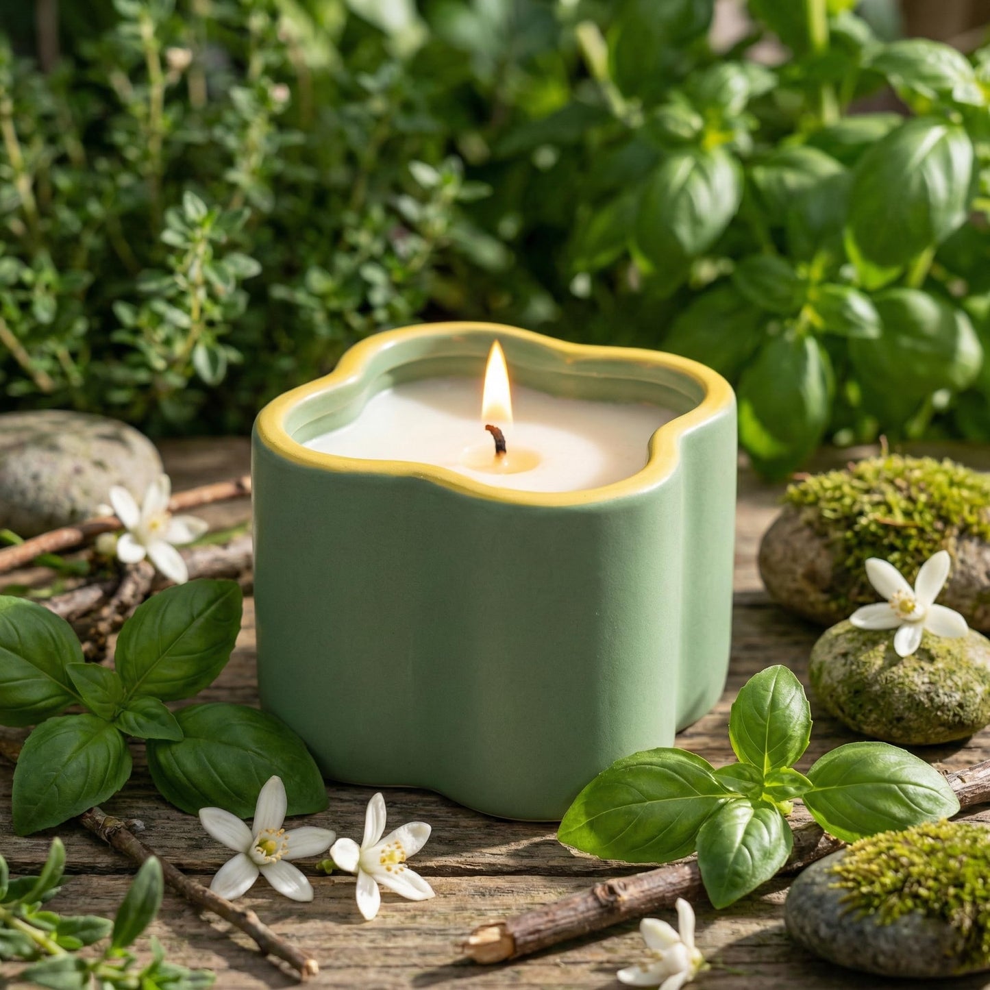 Basil & Nerde Scented Candle 9oz - CW Studio Flower-Shaped Ceramic Jar with Dust Cover, Up to 45 Hour Burn, Palm & Paraffin Wax, Clean Burn - Kraft Paper Box for Home Decor & Gift Giving